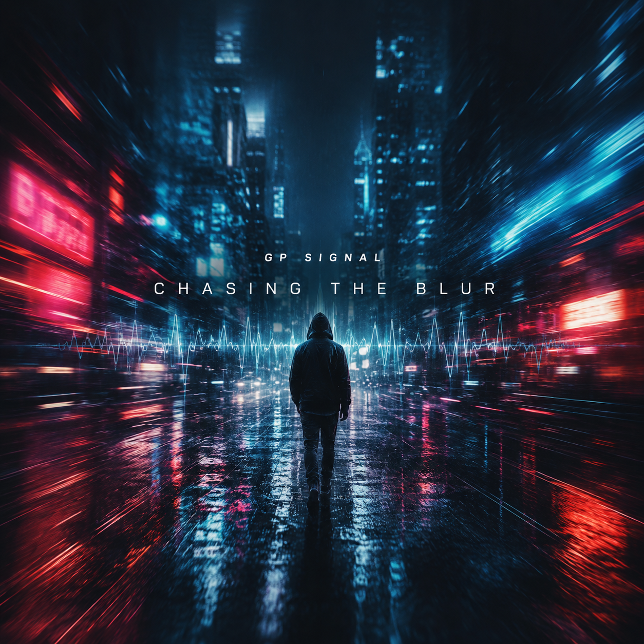 A person in a hoodie walking down a wet city street at night with tall buildings and bright neon lights; digital sound waves overlay and the text 'GP Signal: Chasing the Blur'.
