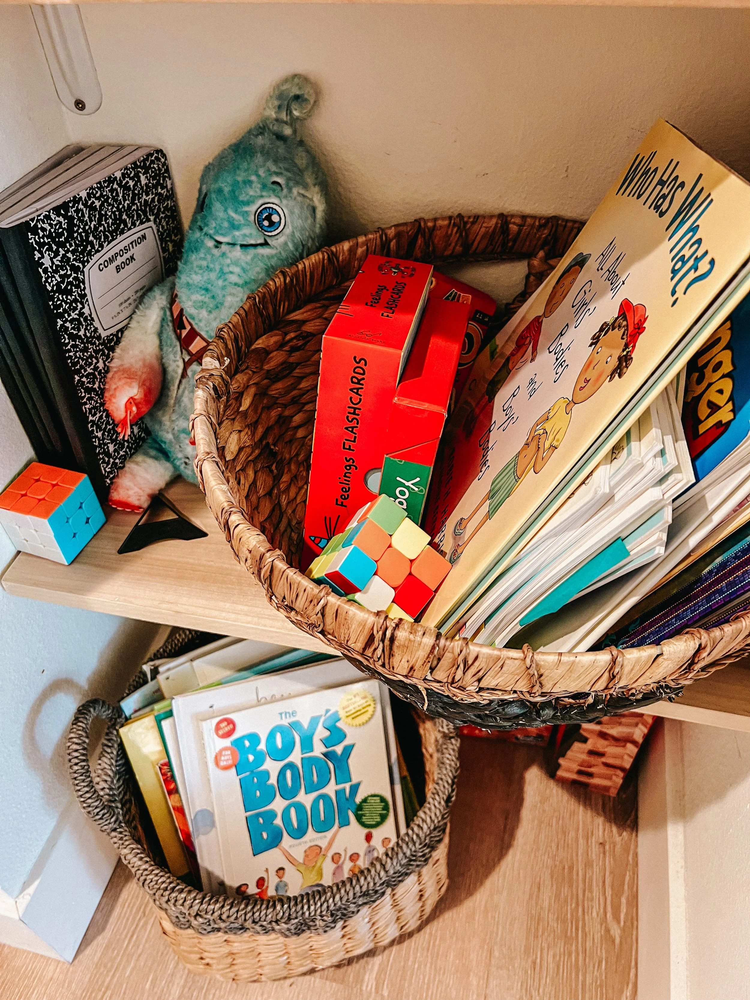 Basket of children's books with a stuffed toy and stacked notebooks on a shelf.