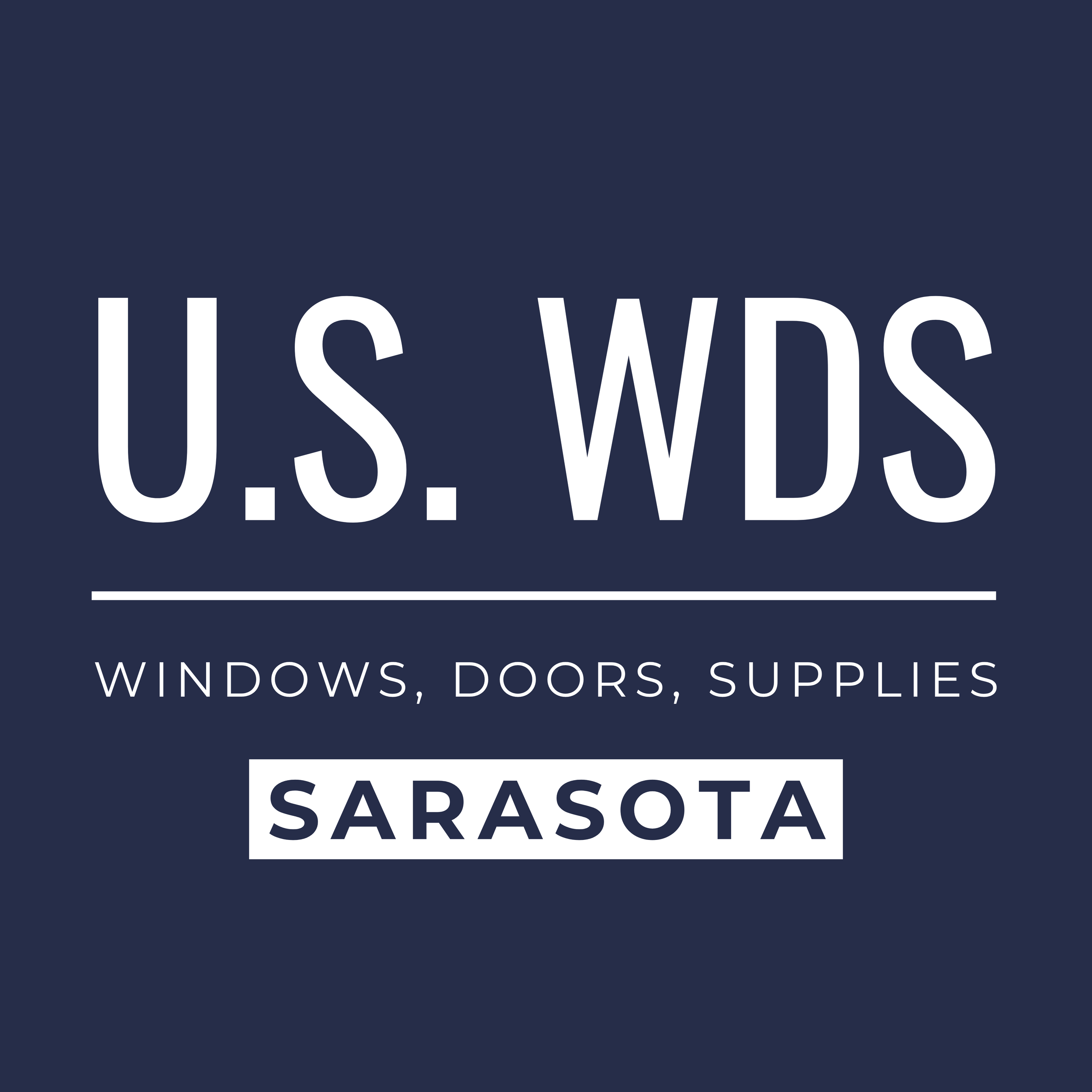 A sign in dark blue background with text indicating 'US WIS', 'WINDOWS, DOORS, SUPPLIES', and 'SARASOTA'.