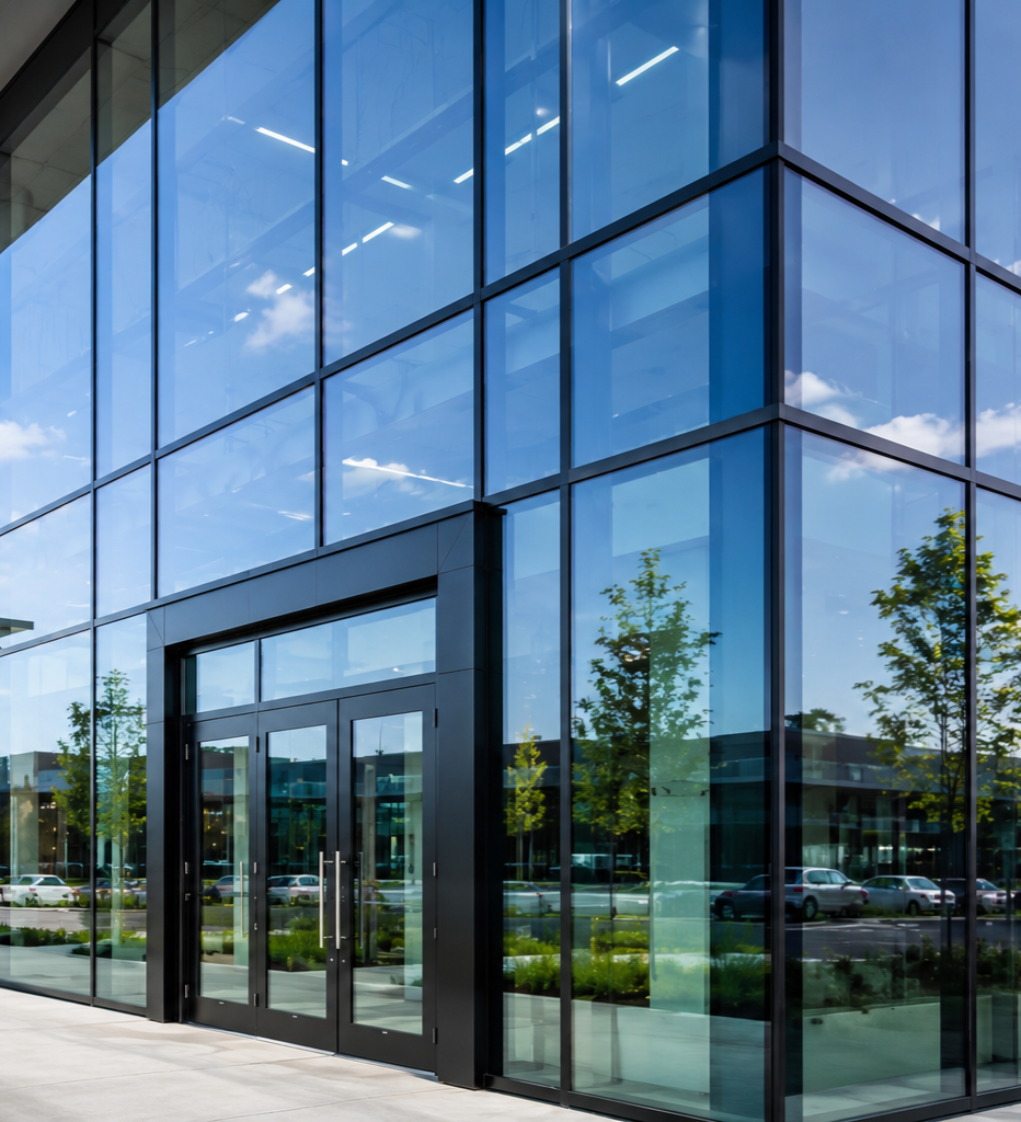 Modern glass office building with entrance doors and reflections of trees and parked cars.