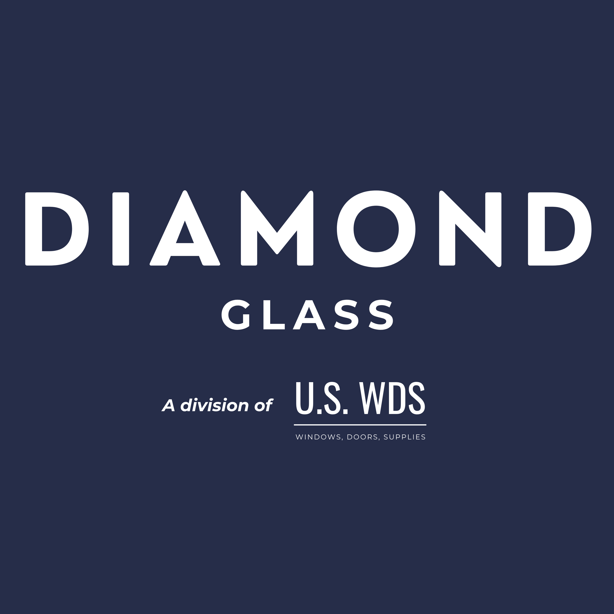 Close-up of a logo for Diamond Glass, a division of U.S. WDS, on a dark background with white text