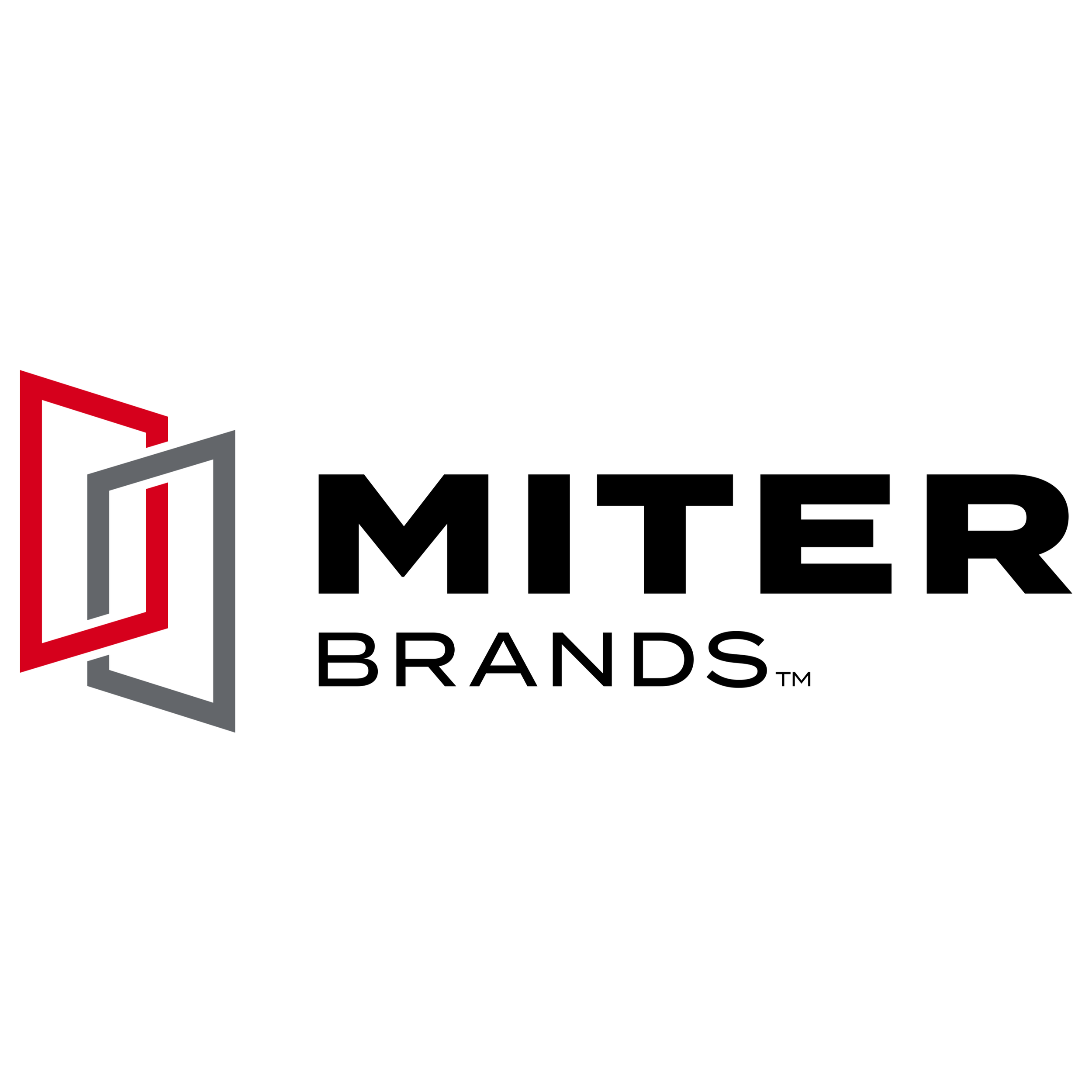 Logo of Miter Brands featuring overlapping door frames in red and gray with bold black text.