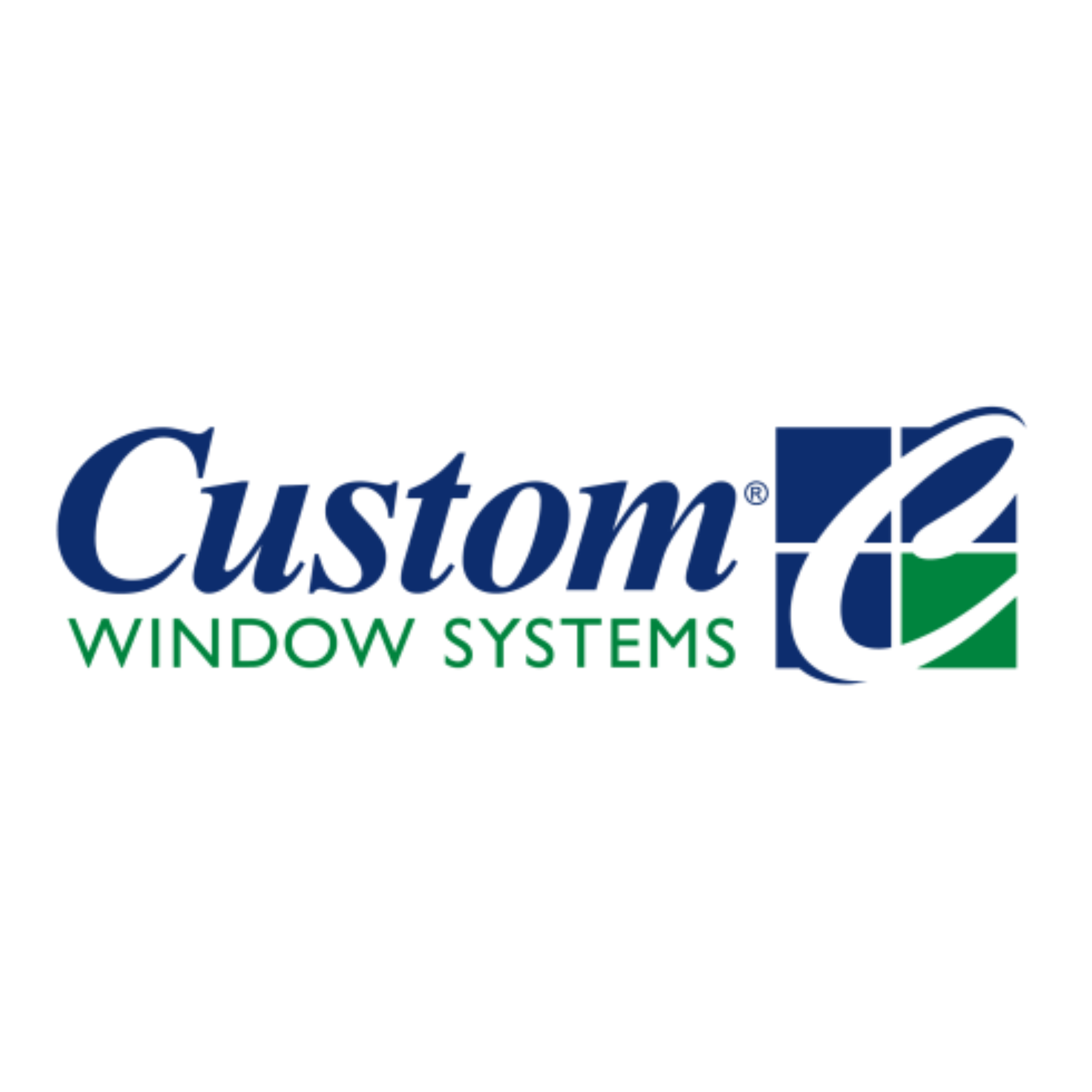 Logo for Custom Window Systems with navy blue, green, and white colors.