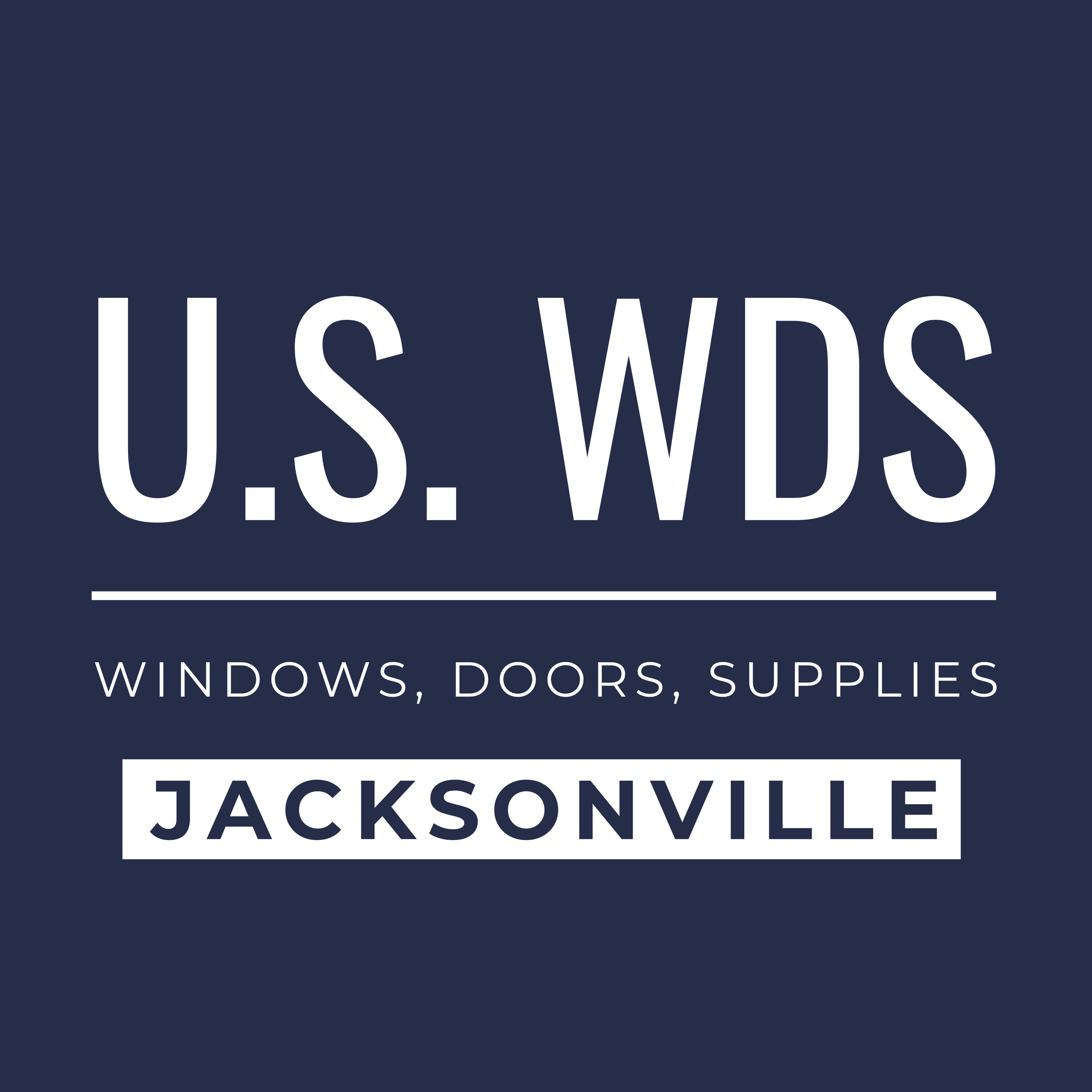A logo with a dark blue background and white text that reads 'U.S. WINS JACKSONVILLE', with smaller text below saying 'WINDOWS, DOORS, SUPPLIES' in a clean, modern font.