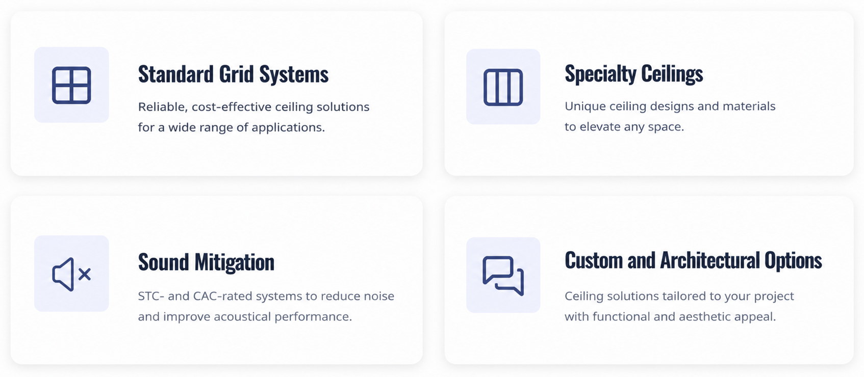 Four sections about ceiling options: Standard Grid Systems, Specialty Ceilings, Sound Mitigation, Custom and Architectural Options. Each section has an icon, title, and description.