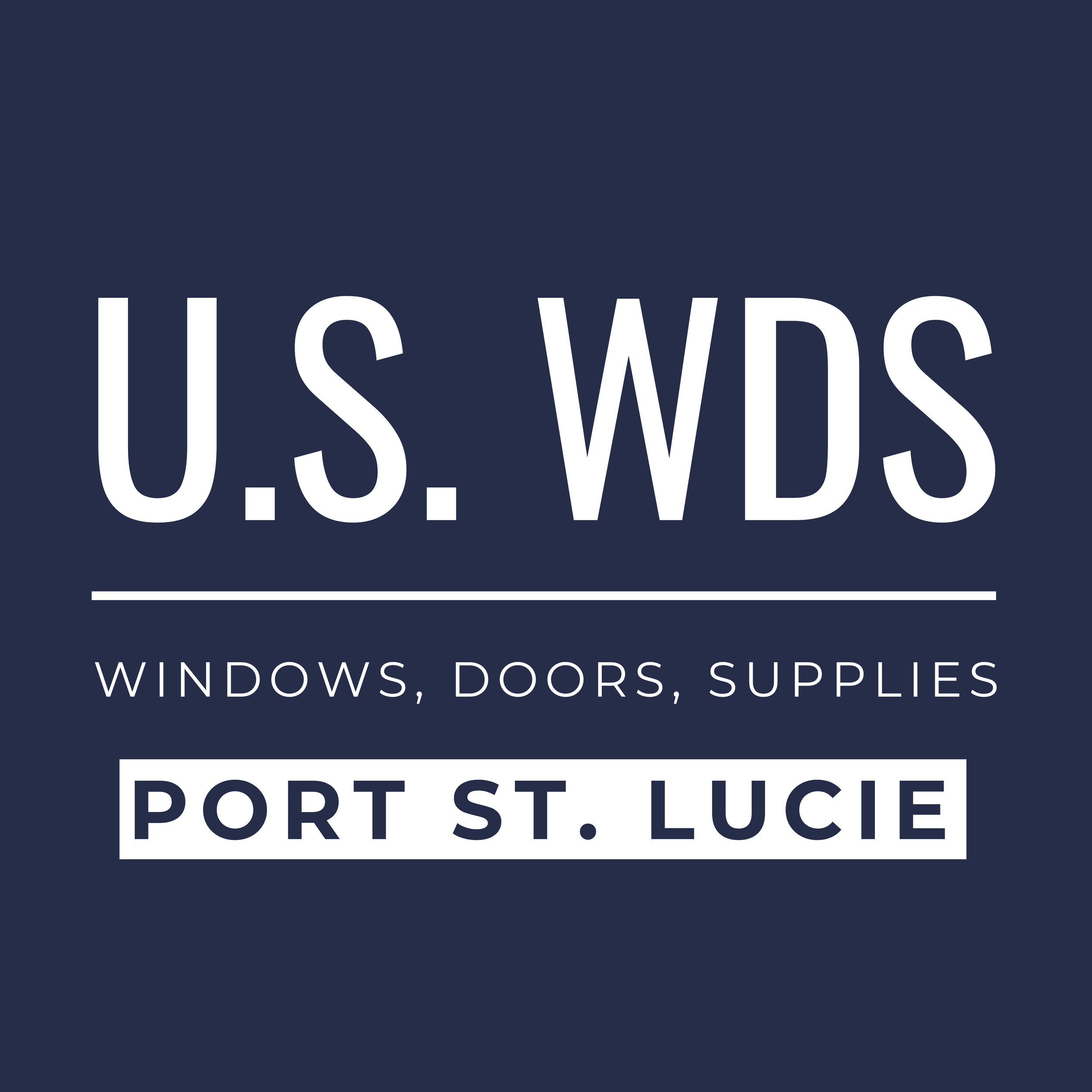 Sign with white text on a dark background that reads, 'U.S. WIS Windows, Doors, Supplies, Port St. Lucie'.