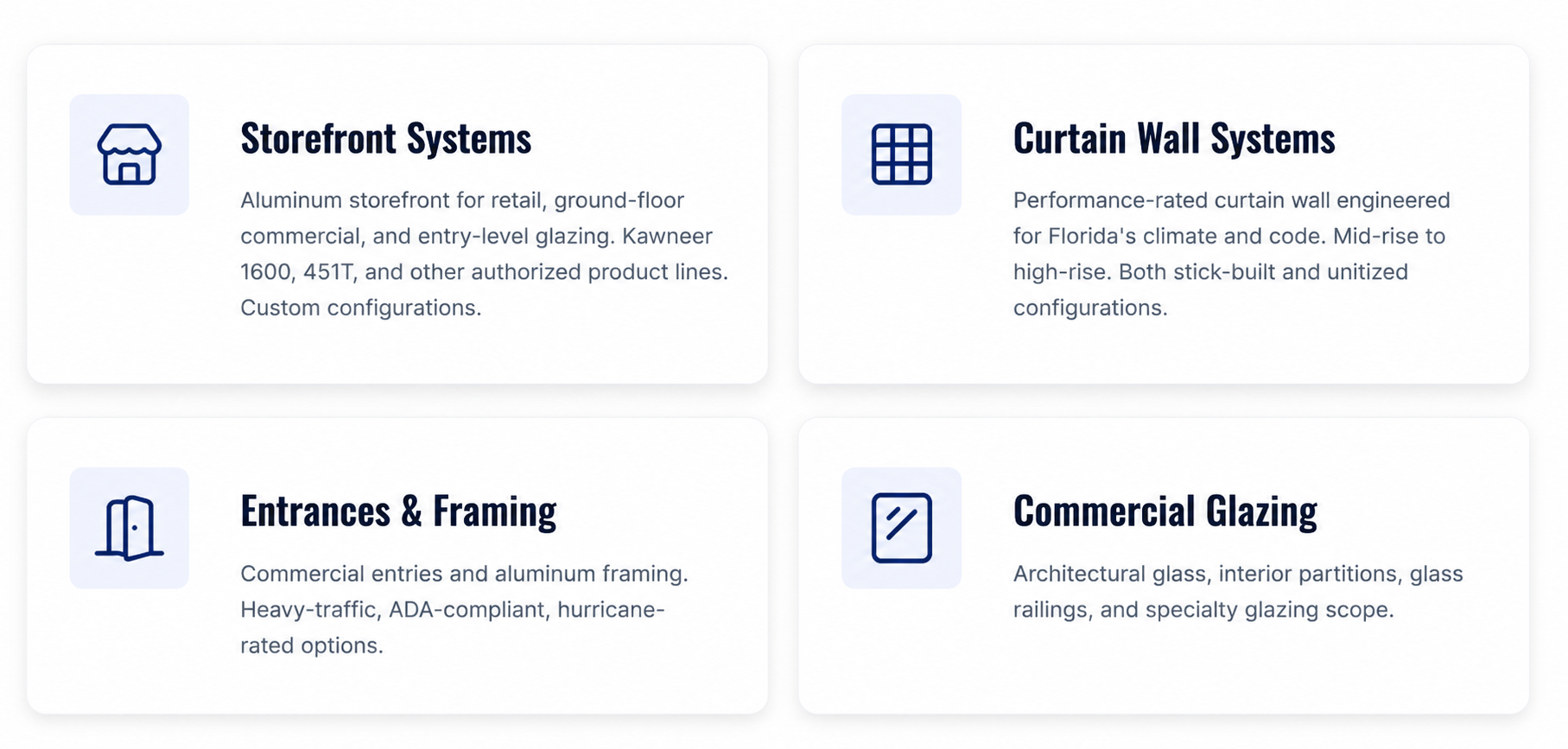 Product information cards related to building systems, including Storefront Systems, Curtain Wall Systems, Entrances & Framing, and Commercial Glazing