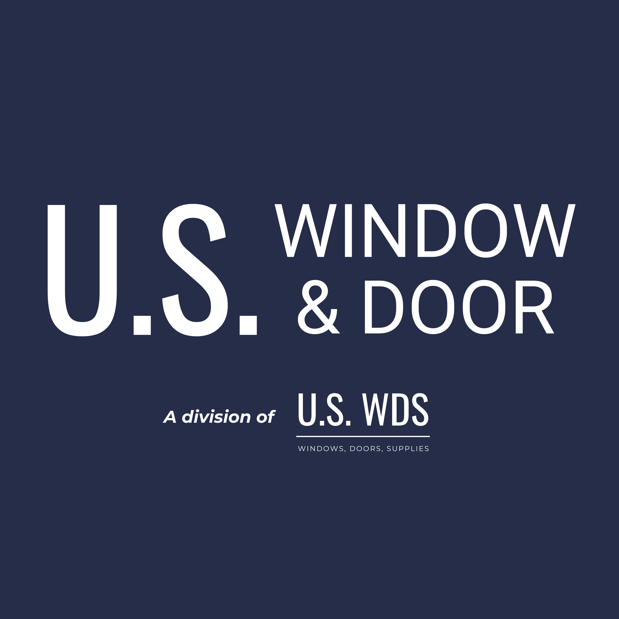 Close-up of text on a dark background reading 'U.S. WINDOW & DOOR' and 'A division of U.S. WDS' with smaller text below indicating 'WINDOWS, DOORS, SUPPLIES'.