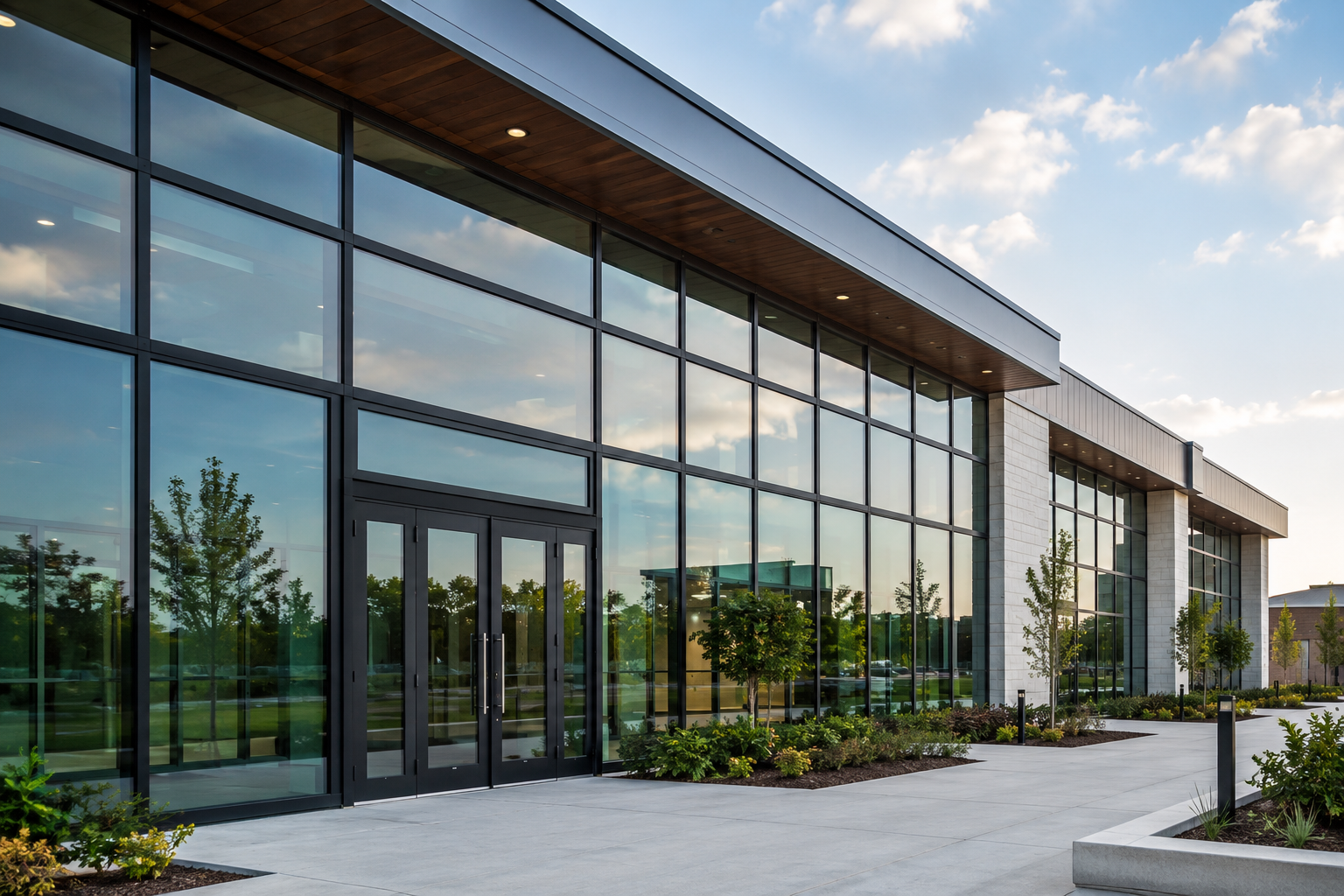 Modern commercial building with large glass windows, surrounded by landscaped trees and plants, under a partly cloudy sky.