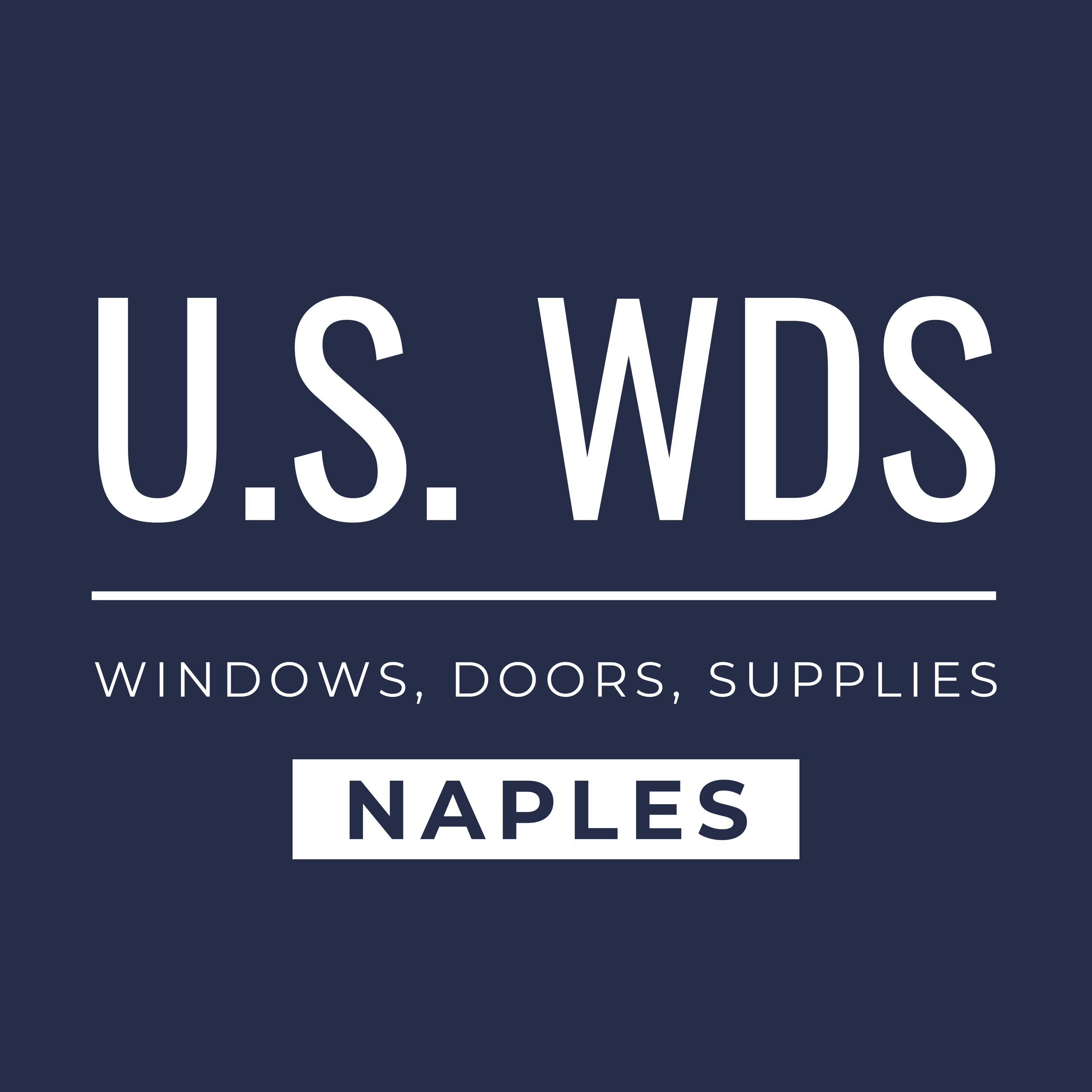 Brand logo with white text 'U.S. WPS' on a dark blue background, with additional text 'WINDOWS, DOORS, SUPPLIES' below.