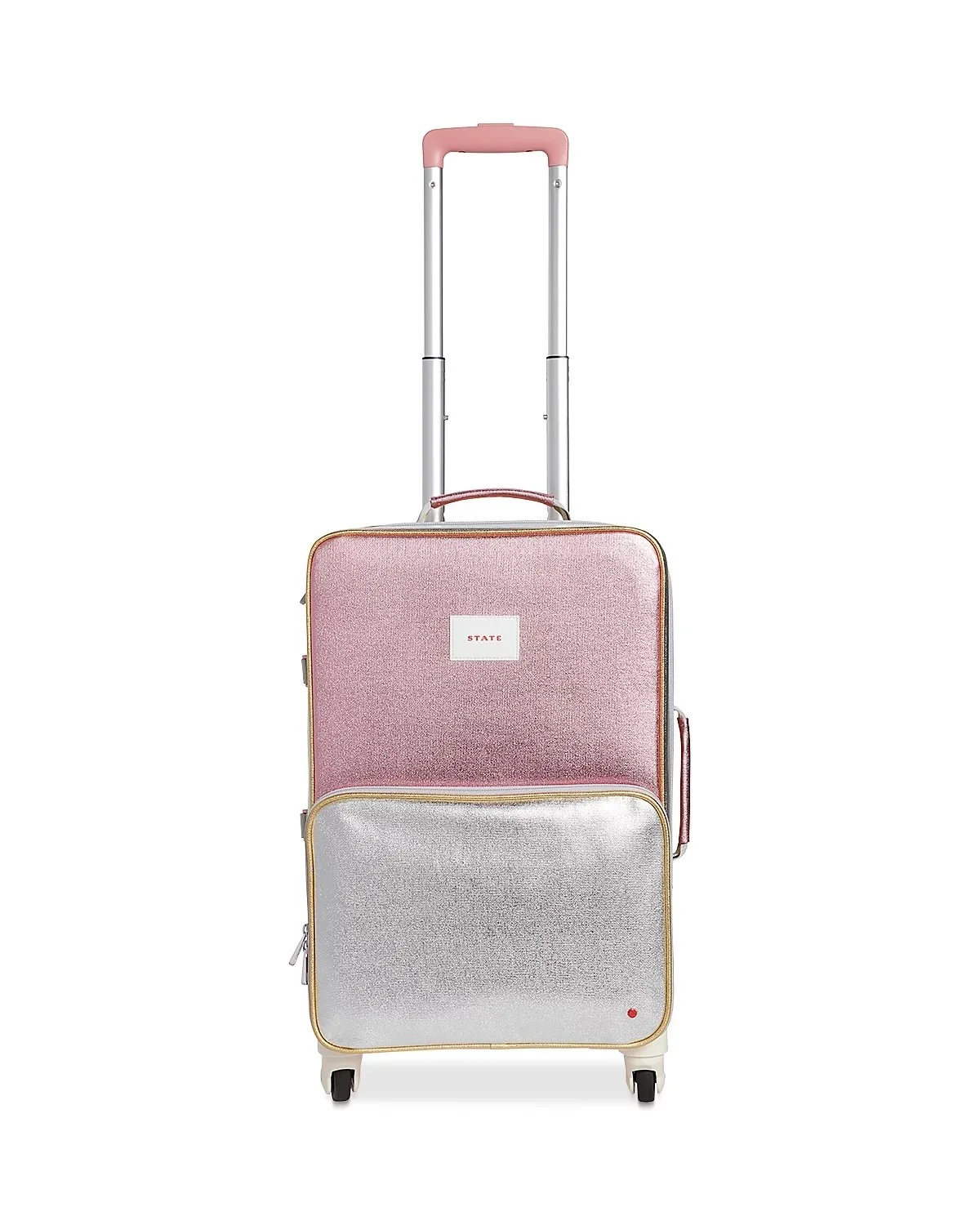 A pink and silver rolling suitcase with an extended handle, featuring a front zippered pocket and a small label that says 'STATE' on a plain white background.