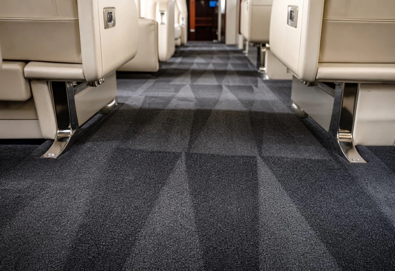 Aircraft cabin aisle carpet after a deep shampoo and extraction
