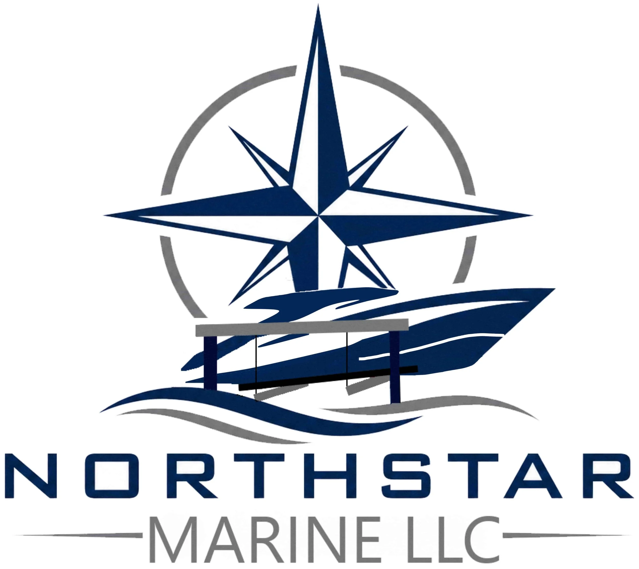 Full logo of Northstar Marine LLC, shows a blue compass rose and boat on a boat lift with waves in front of it on a white background
