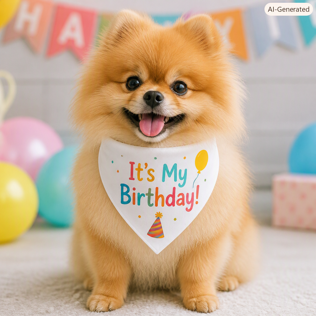 A happy Pomeranian dog sitting with a birthday hat and a bib that says "It's My Birthday!" surrounded by balloons and birthday decorations.