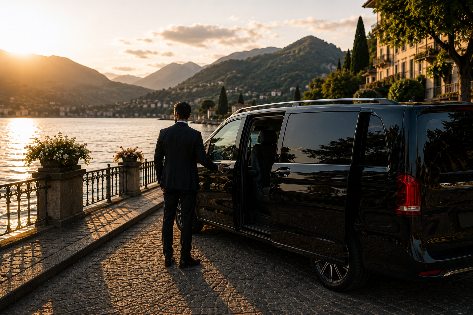 A man in a suit getting into a black luxury vehicle parked by a lakeside promenade at sunset, with mountains and buildings in the background, and flower pots along the railing.