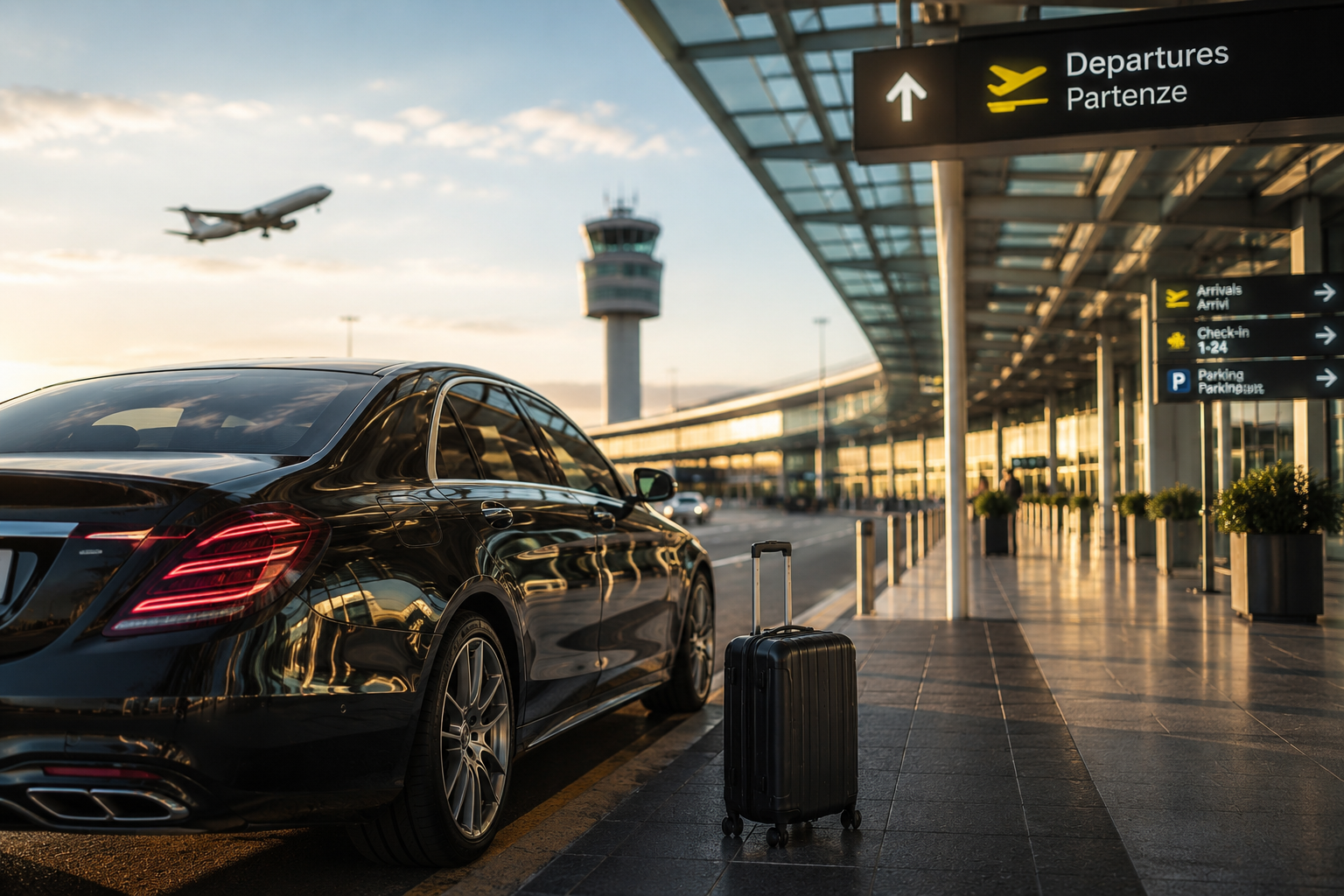 Black luxury car with a rolling suitcase parked at the airport terminal. An airplane is flying in the sky above the runway, and the airport control tower is visible in the background. There are signs for departures, arrivals, check-in, and parking on the right side of the image.