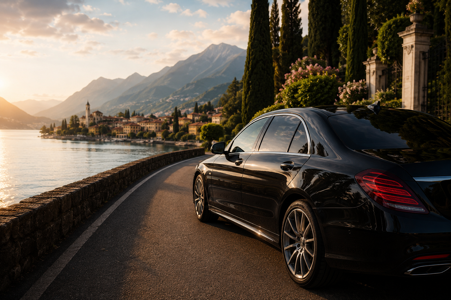 A black luxury sedan parked along a scenic lakeside road at sunset, with a town, mountains, and trees in the background.