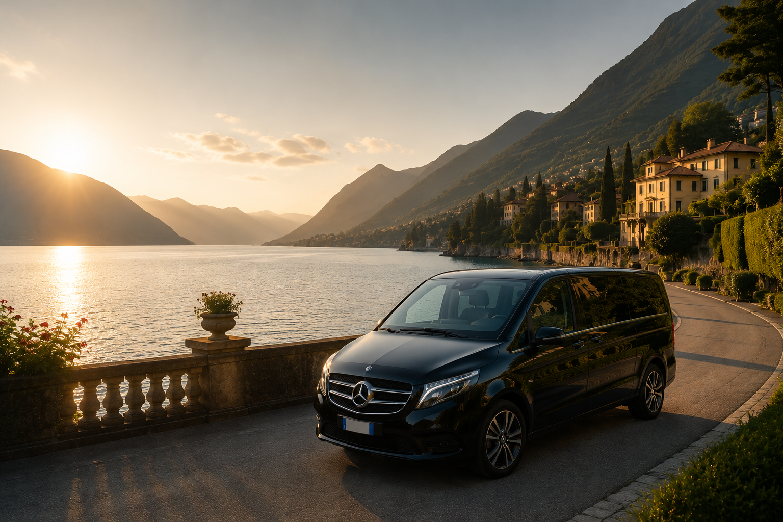 A black Mercedes-Benz van parked along a scenic lakeside road at sunset, with mountains and houses in the background.