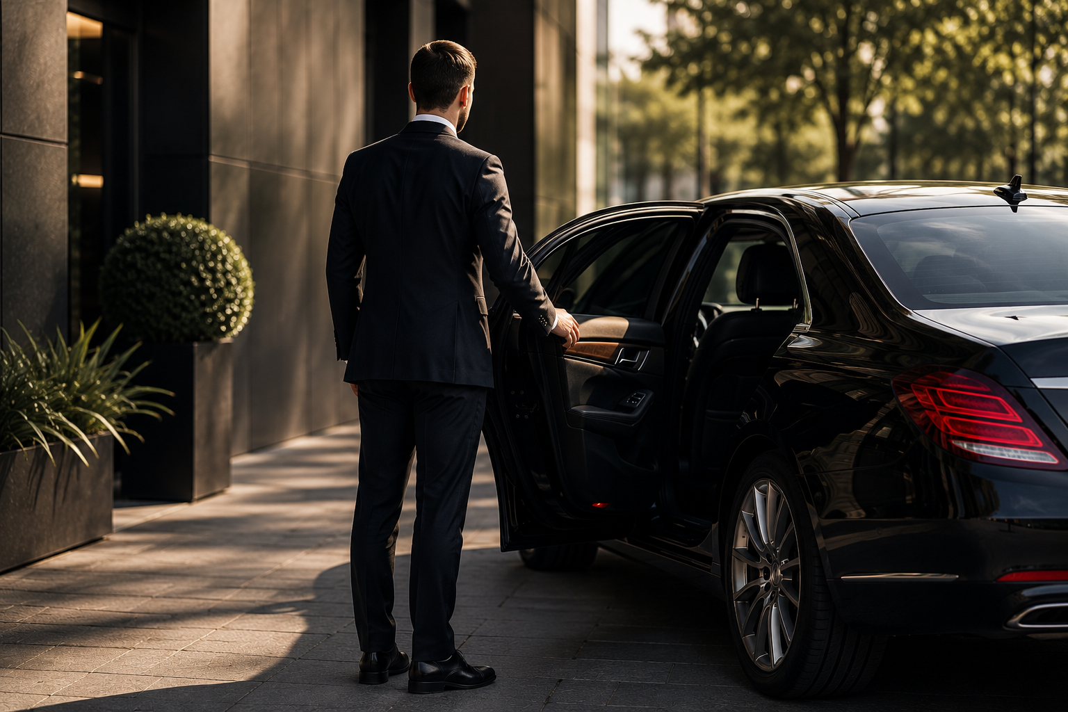A man in a black suit standing next to a black luxury sedan with the door open, on a city sidewalk in the late afternoon or early evening.