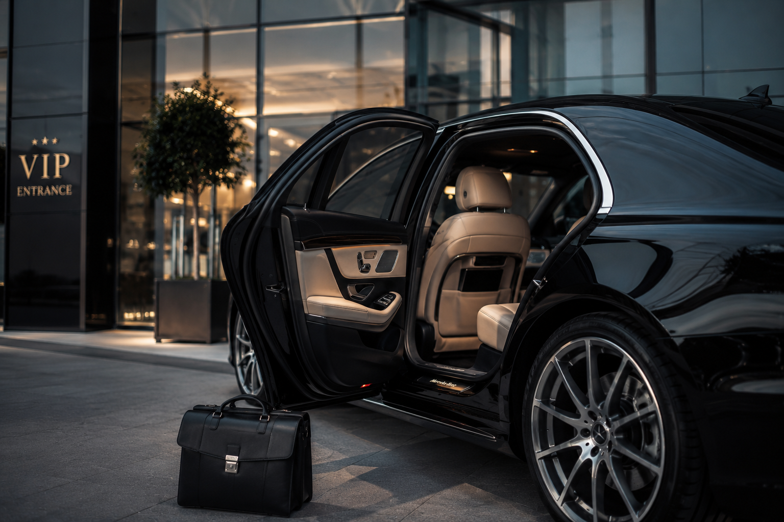 Open luxury black car with beige interior parked outside a building marked VIP Entrance, with a black leather briefcase on the ground beside the open door.