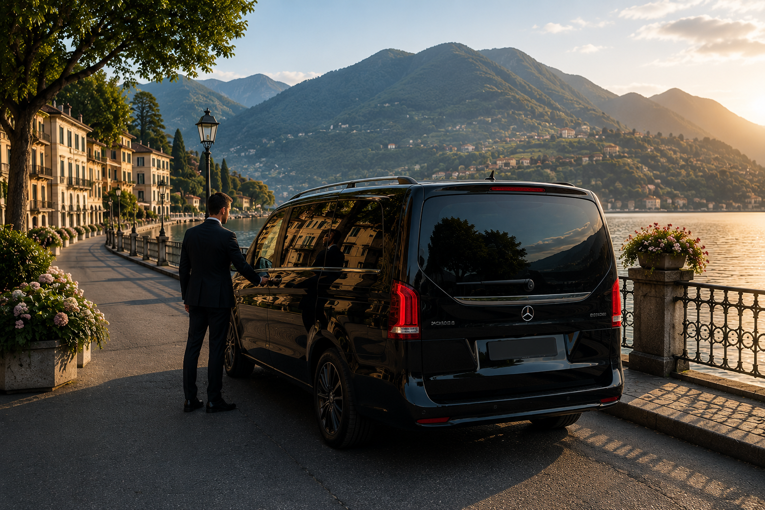 A man in a suit opening the door of a black Mercedes Benz van parked by a scenic lakeside promenade with mountain views at sunset.