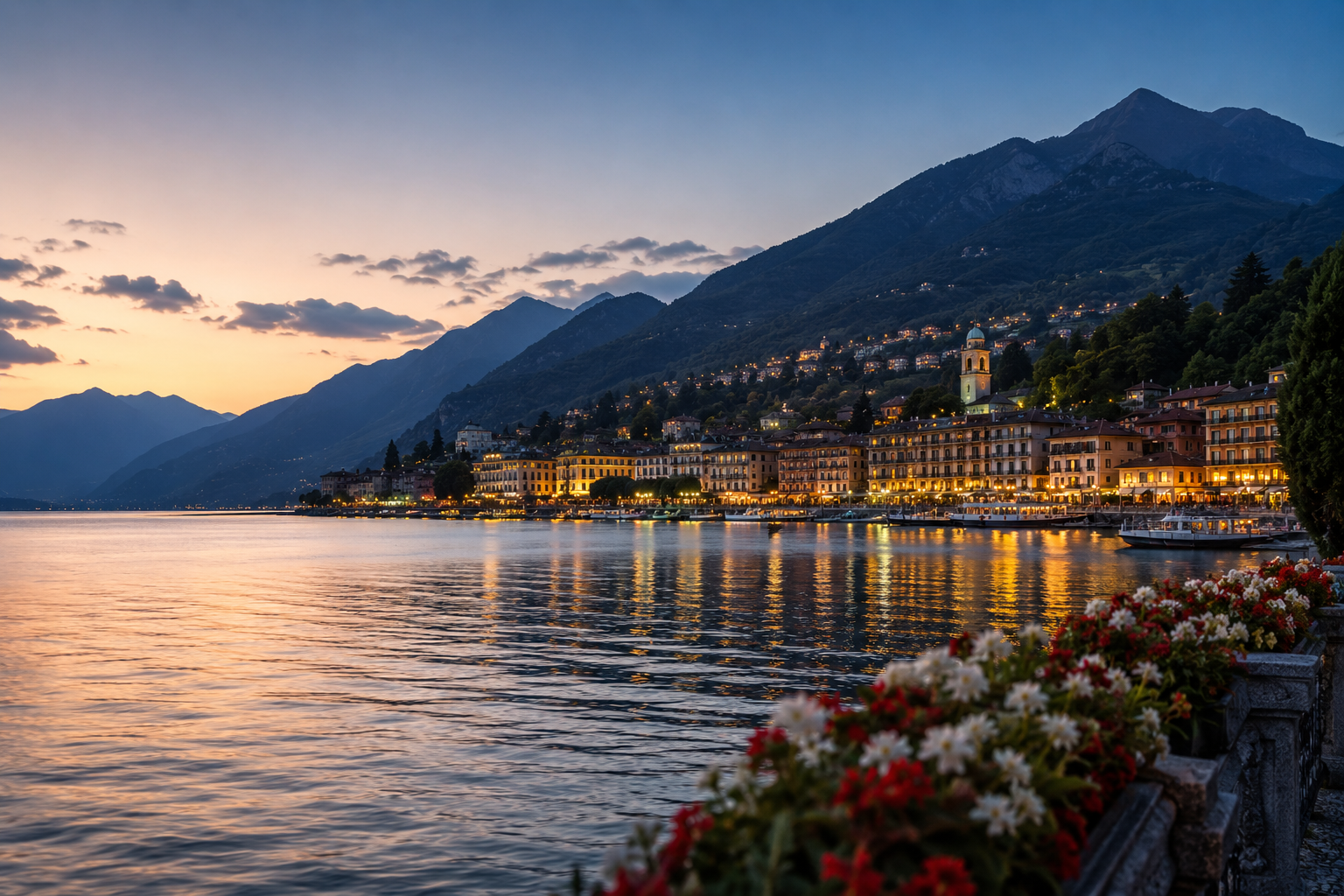 A lakeside town at dusk with illuminated buildings reflecting on the water, surrounded by mountains, with a clear sky and some clouds.