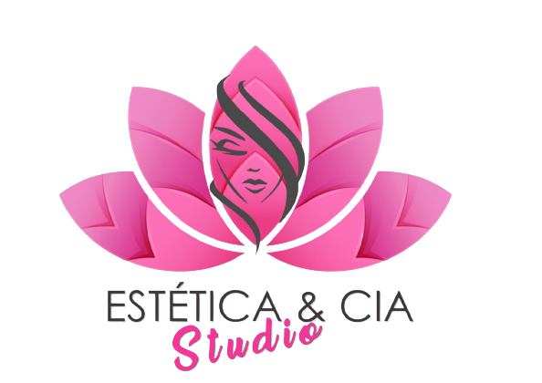 Logo for Estética & Cia Studio featuring a stylized woman's face with long hair, surrounded by pink lotus petals, with the text 'ESTÉTICA & CIA Studio' underneath.