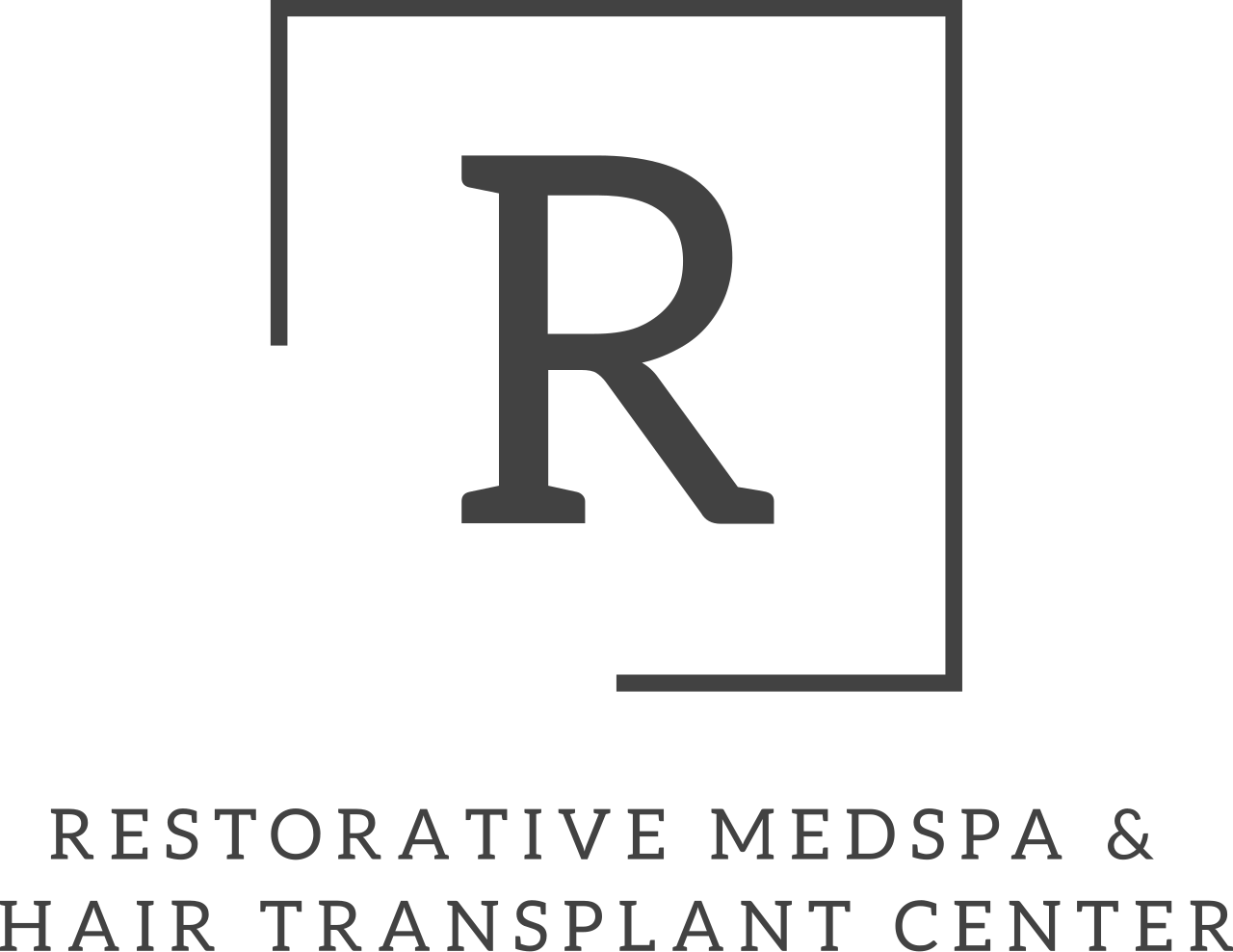 Logo for Restorative Medspa & Hair Transplant Center featuring a large letter R inside a square outline and the center's name below.