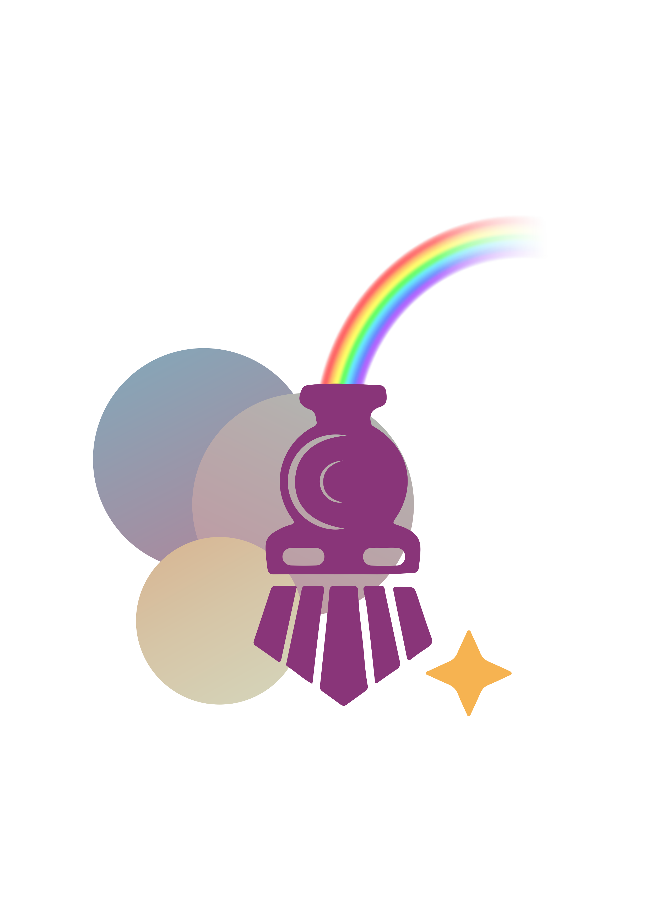 A purple trophy with a rainbow arched into it, surrounded by colored circles and a small star.