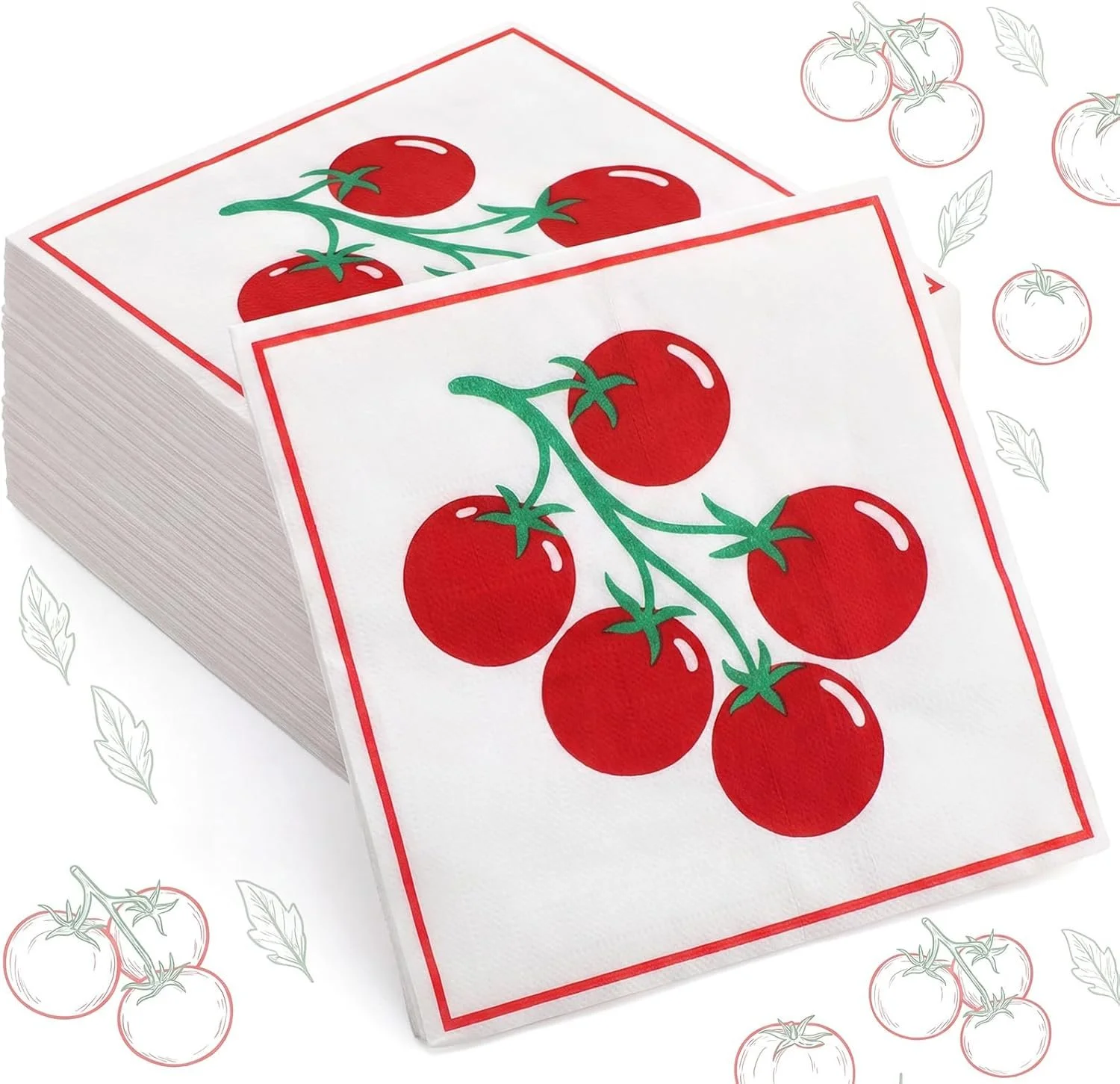 Stack of paper napkins with a red tomato vine design, placed on a background with a similar tomato pattern.