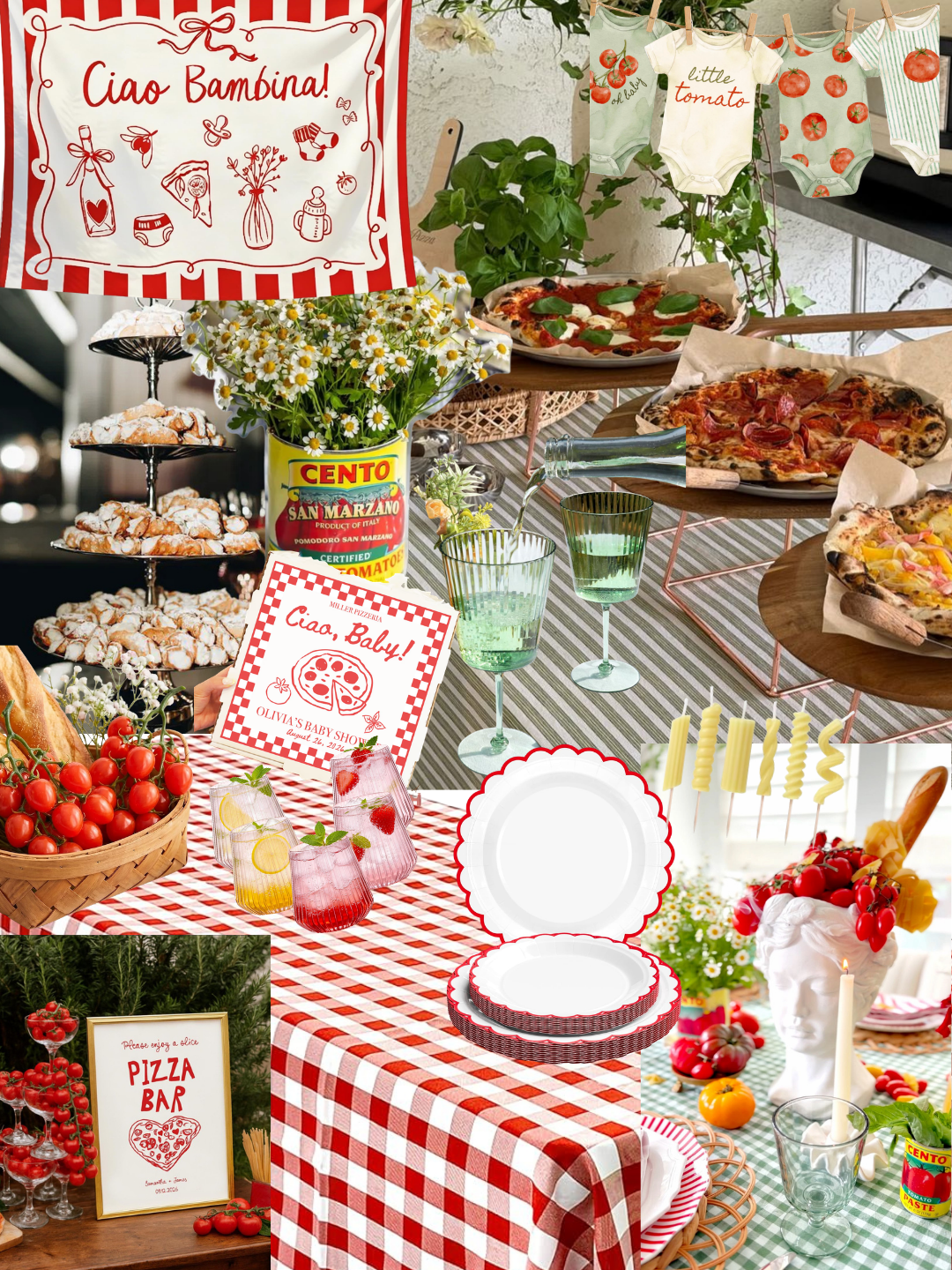 A collage of images showing a colorful outdoor party setup with pizza, cherry tomatoes, and various decorations, including a welcome sign with Italian-themed illustrations, a bouquet of daisies, a pizza bar, and table settings with plates, glasses, and yellow candles.