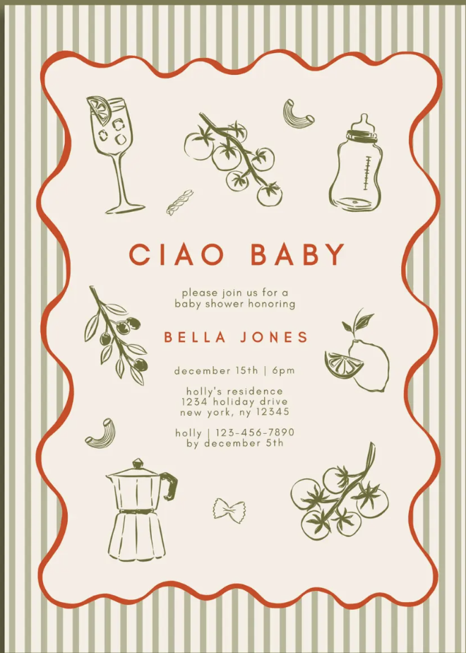 Baby shower invitation featuring illustrations of a champagne flute, cherry tomatoes on a vine, a baby bottle, a small lemon, spaghetti, cherries, a stovetop espresso maker, and a wrapped candy, with striped green background and a red wavy border.