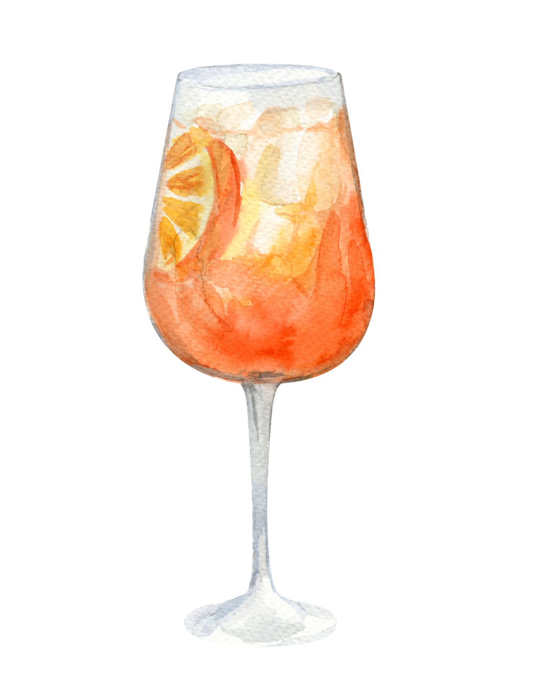 Watercolor painting of a wine glass filled with a red or orange-colored beverage, garnished with a lemon wedge and ice cubes.
