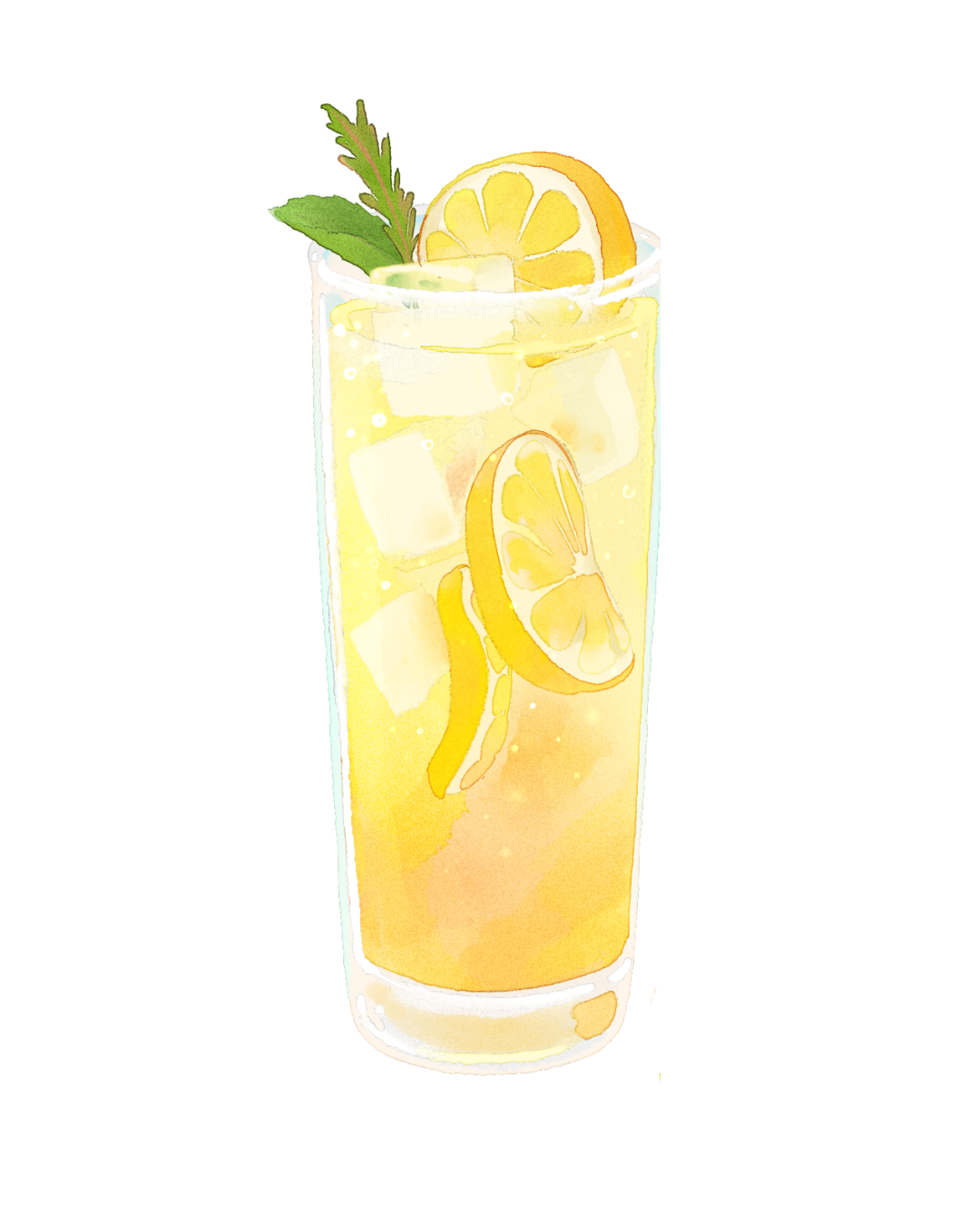 Watercolor illustration of a tall glass of lemonade with lemon slices, ice cubes, a sprig of mint, and a lemon wedge garnish.