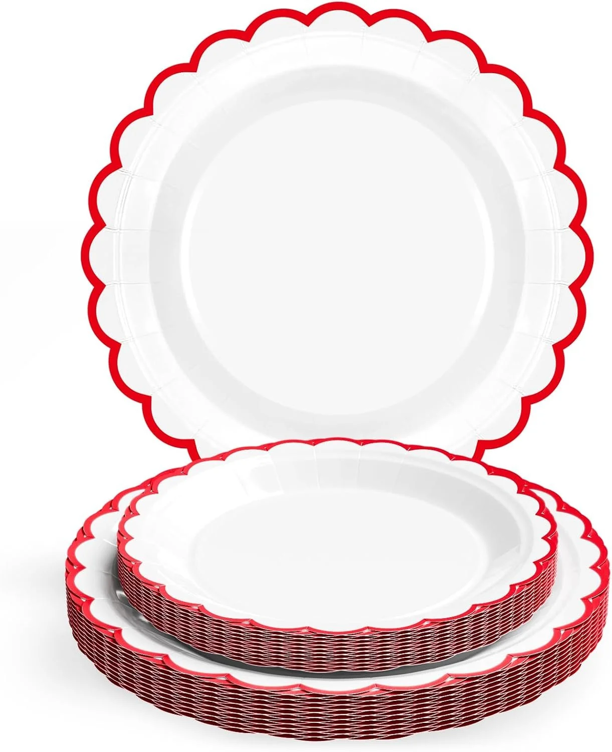 Stack of red-iced scalloped edge paper dessert plates, one open face-up showing a plain white surface inside.