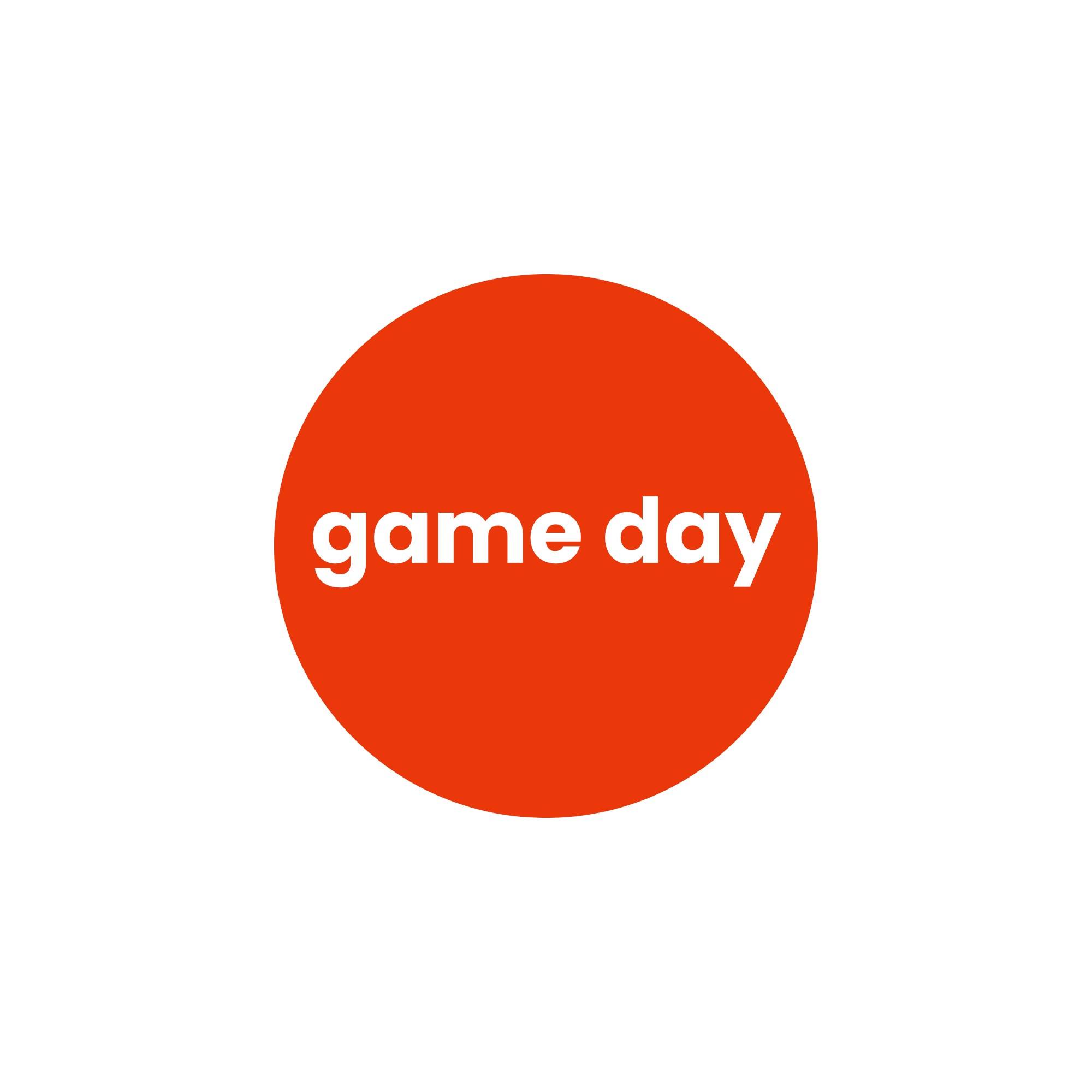 A black circle with red and white text that reads "game day".