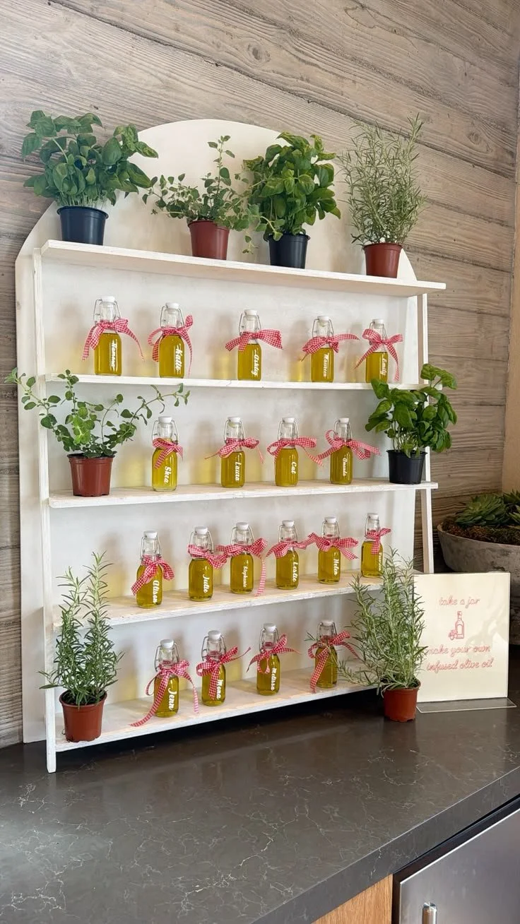 Shelf with small bottles of infused olive oil, each labeled and tied with red checkered ribbons, surrounded by potted herbs like basil and rosemary, with a sign about infused olive oil.