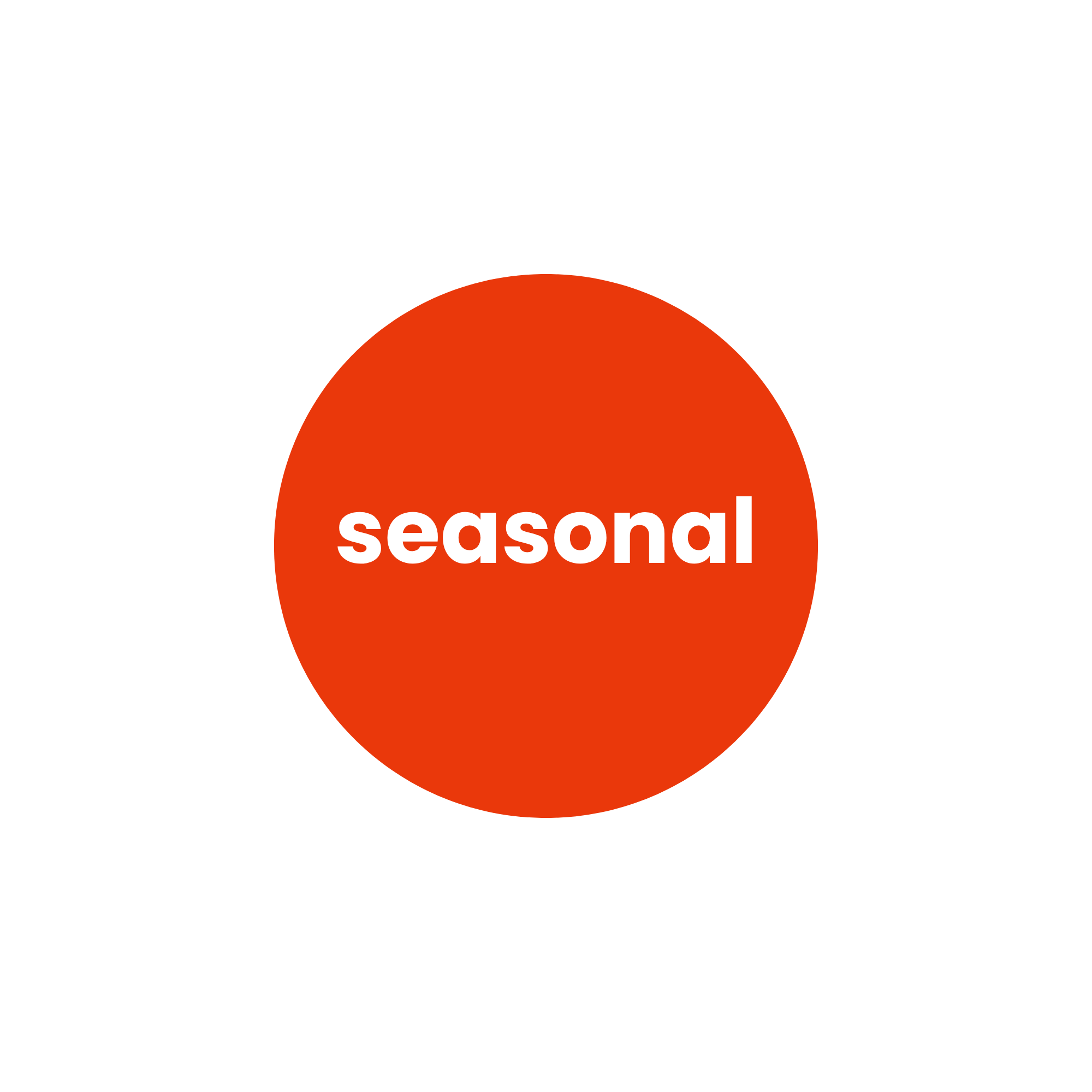 Red circle with white text reading "seasonal" and a black background.