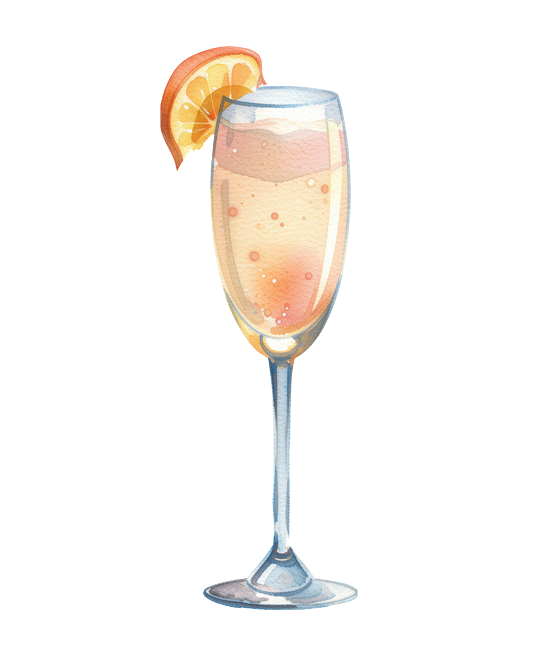 A watercolor illustration of a champagne flute filled with pink bubbly, garnished with an orange slice on the rim.
