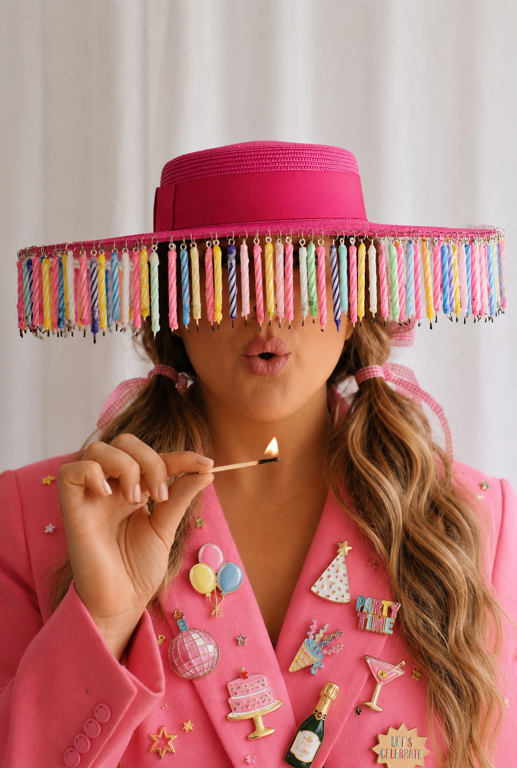 Woman wearing a large pink birthday hat decorated with colorful candles, holding a lit match, dressed in a bright pink blazer adorned with birthday-themed pins and stickers, celebrating a birthday in a festive setting.