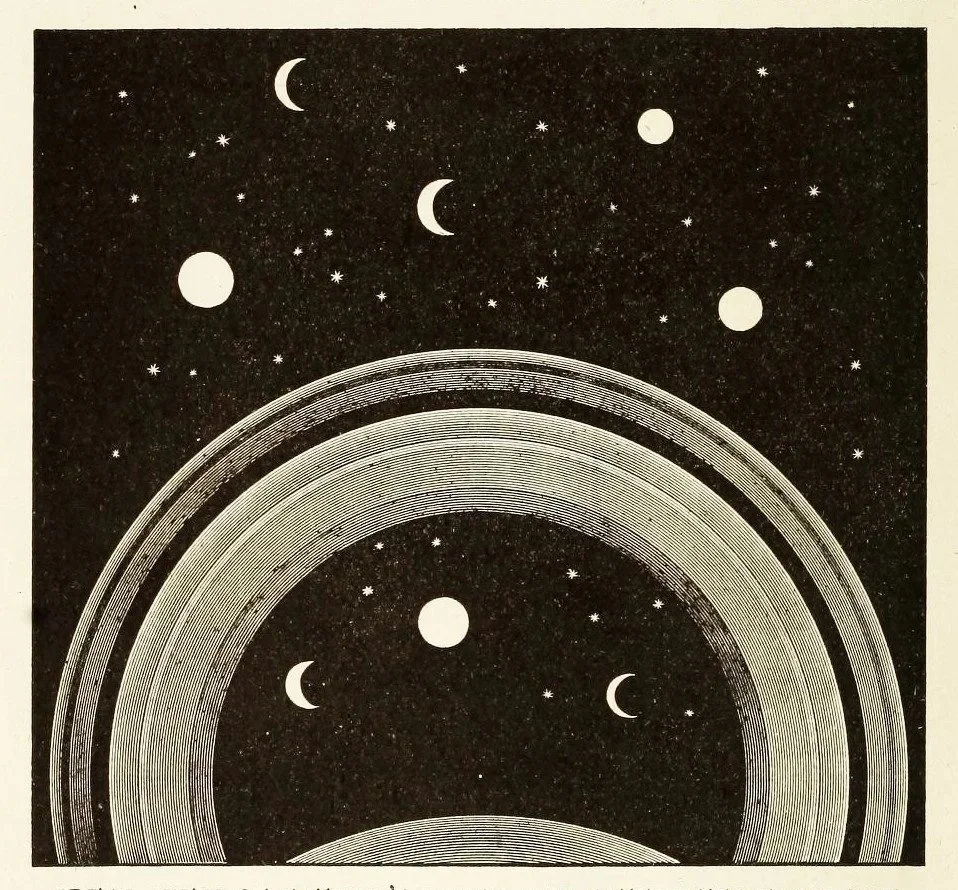 Black and white illustration of a starry sky with multiple moons, stars, and concentric rings resembling a planetary or cosmic scene.