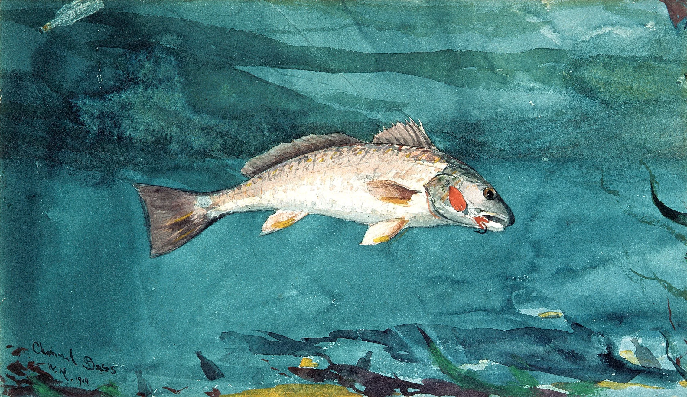 A watercolor painting depicting a large, white fish swimming in a teal blue ocean