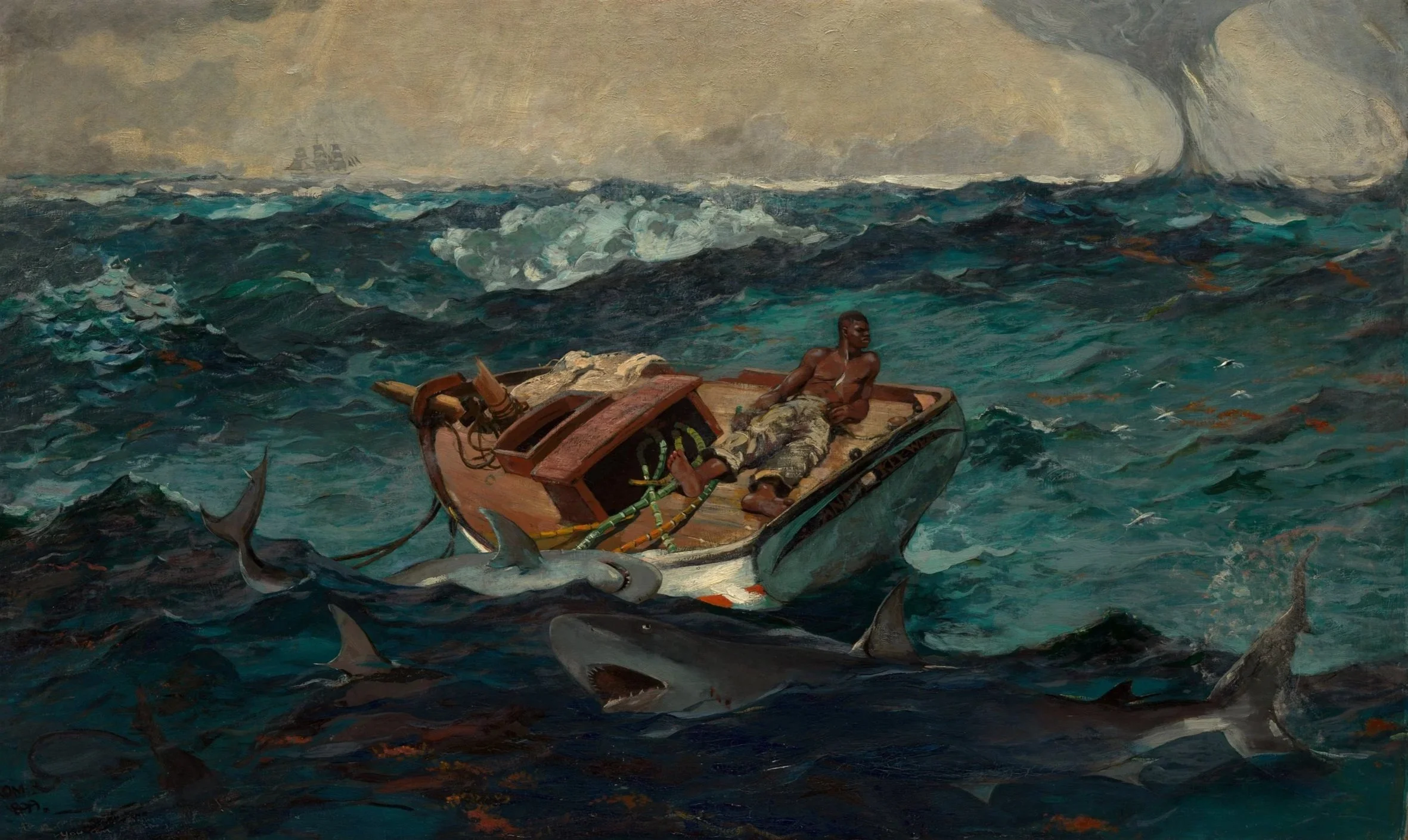 A watercolor painting depicting a shirtless, Black man in a small boat in the middle of an ocean of sharks