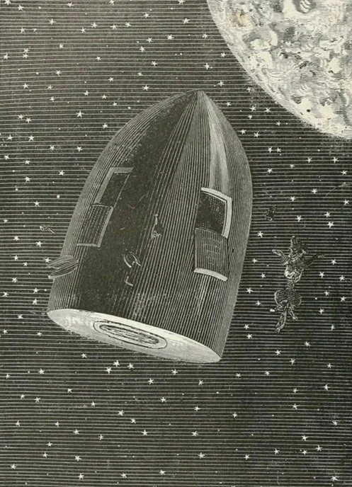 Illustration of a spaceship heading towards the moon and stars speckled all around