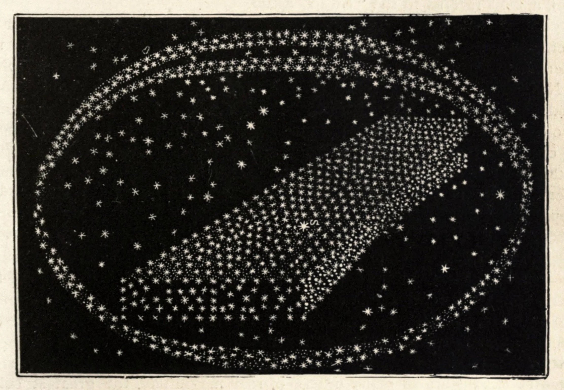 Black and white star chart with a spiral pattern of stars.