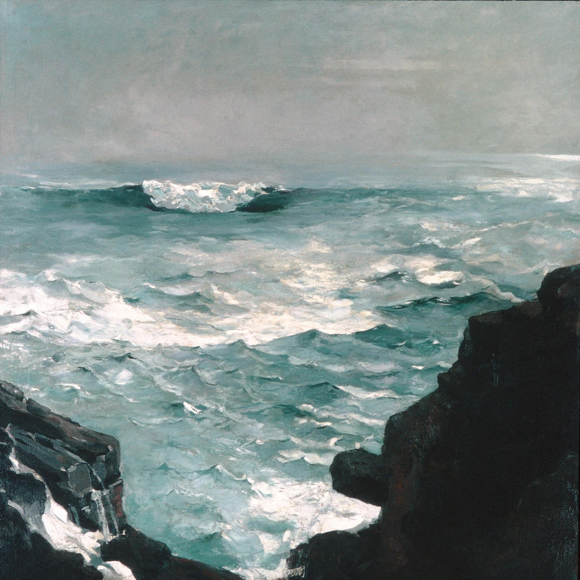 A panting of an ocean with waves lapping up against black cliffs