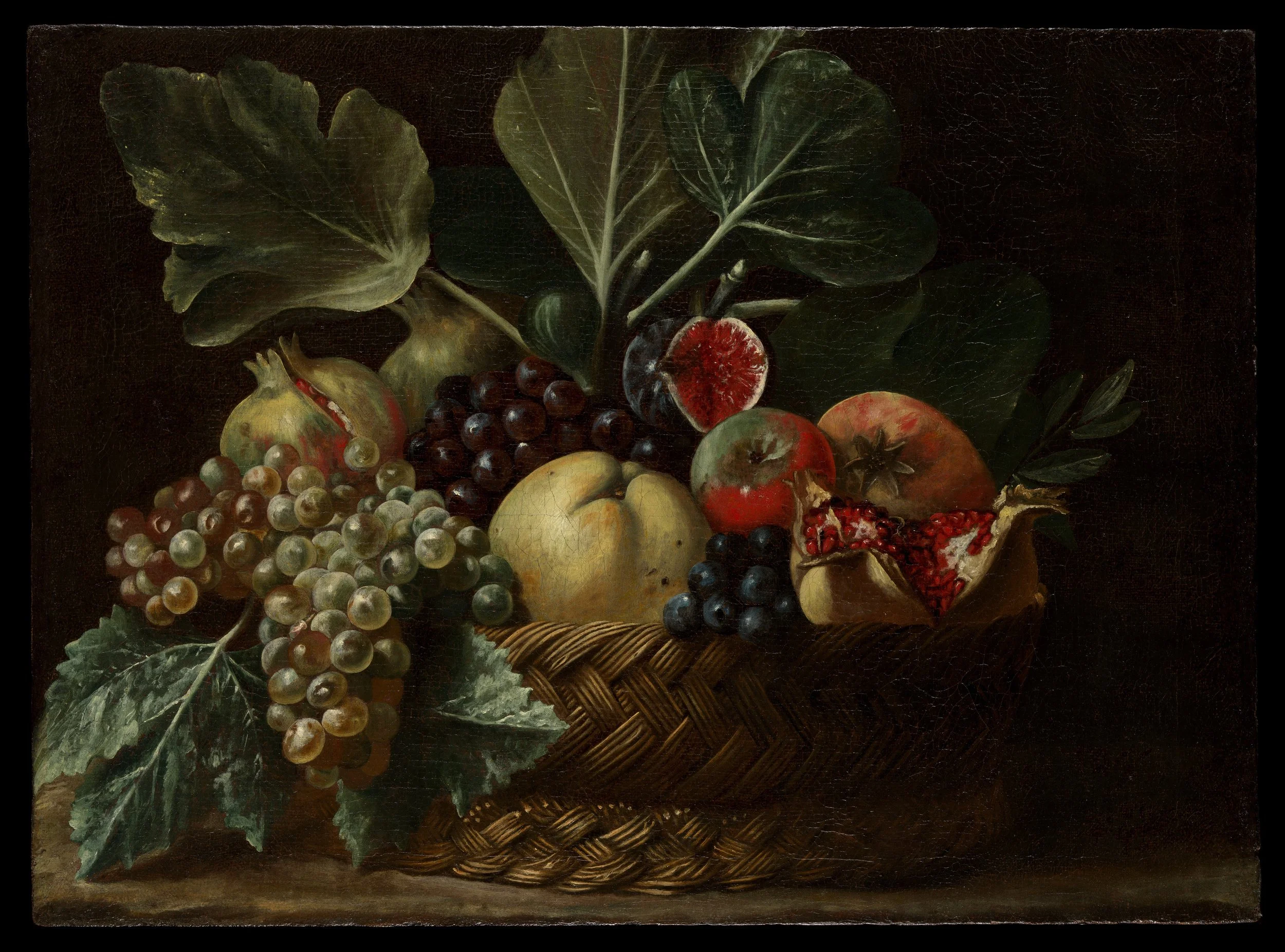 A still-life painting of a basket of fruit containing grapes, pomegranates, and pears