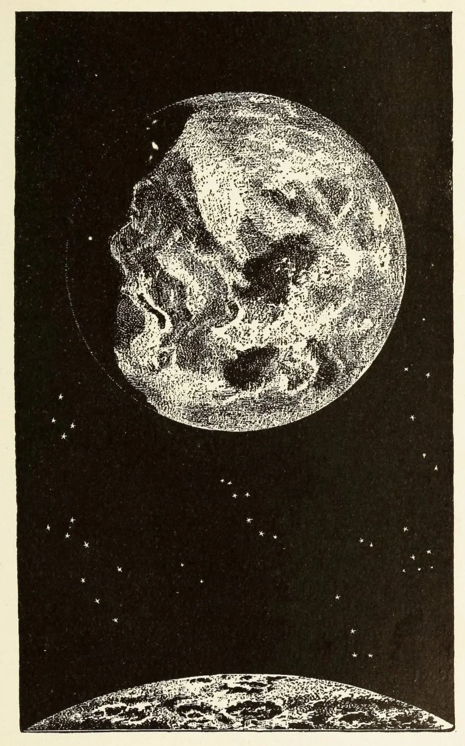 Black and white illustration of the moon with a detailed surface, depicted as a human skull, behind Earth and stars in space.