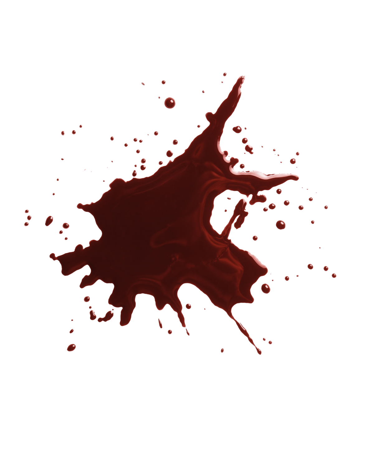 A splash of dark red liquid against a transparent background, irregular shape with protrusions and droplets.