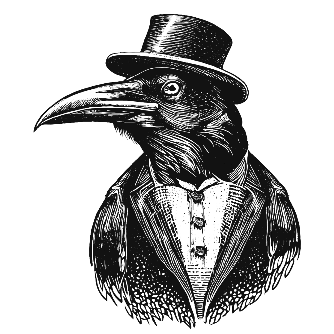 Illustration of a bird with a long beak, wearing a top hat and a jacket, on a black background.